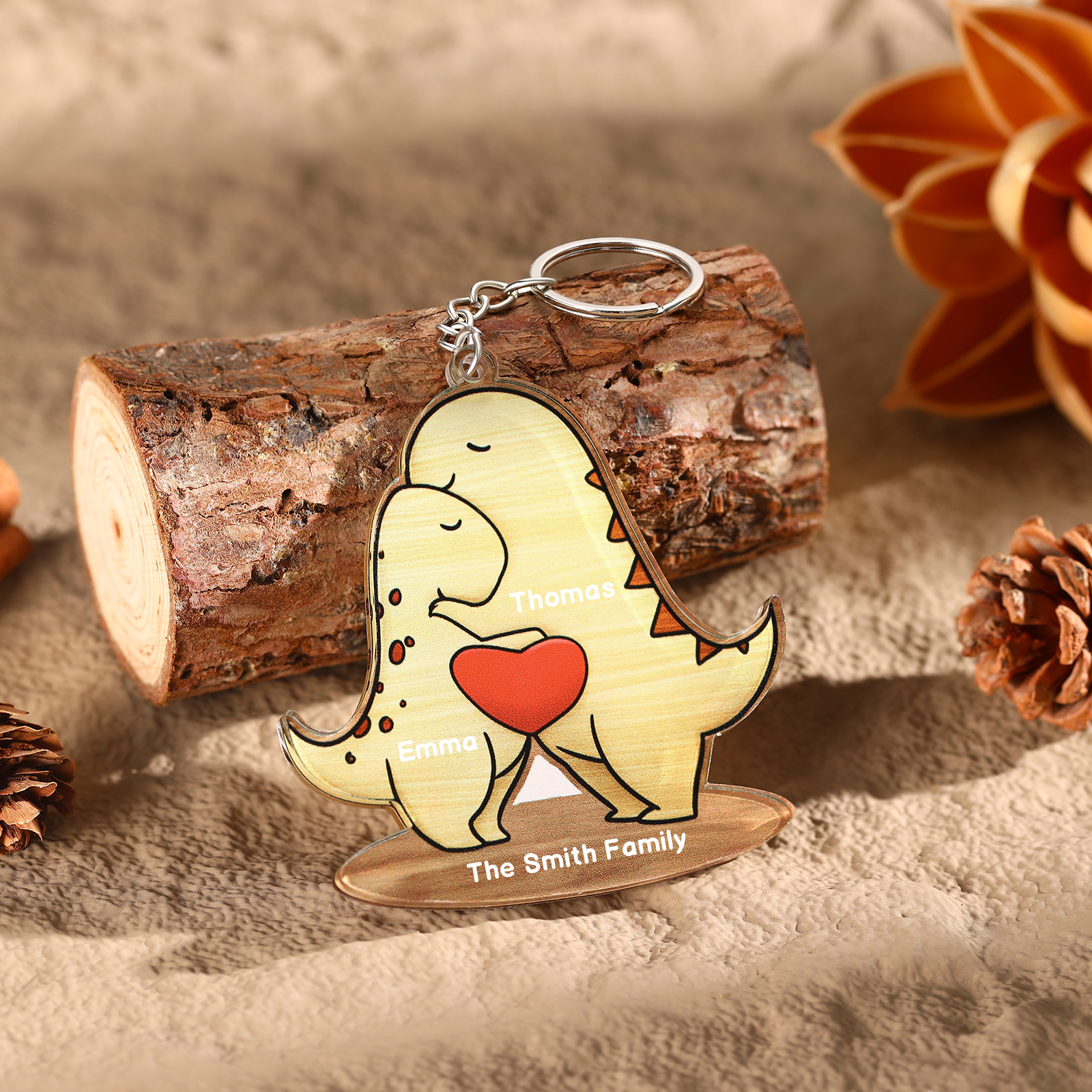 2 Names - Personalised Acrylic Dinosaur Keychain Custom Text & Name Keyring Gifts for Father/Mother