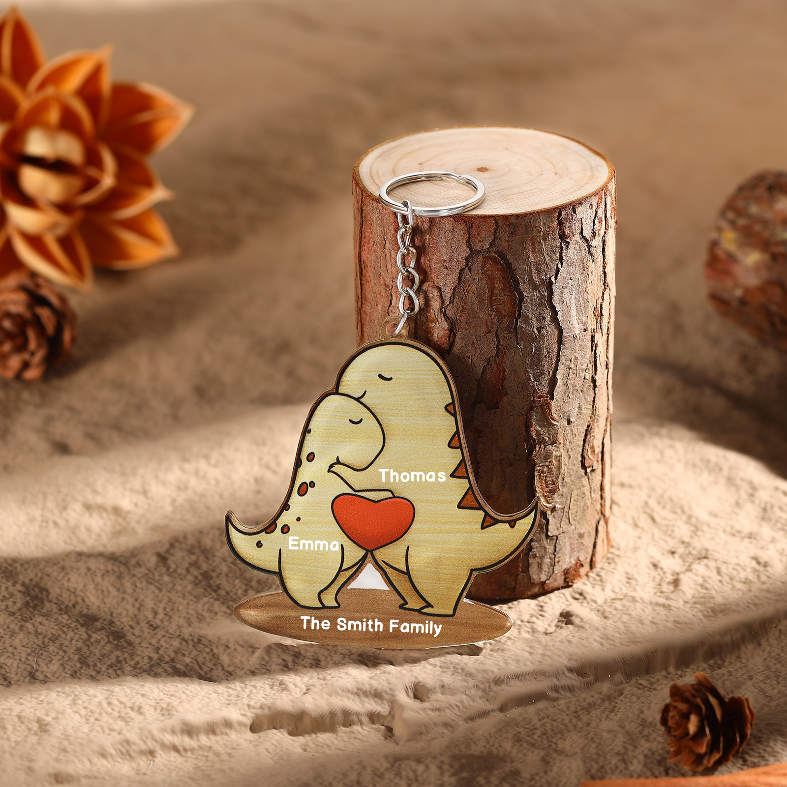 2 Names - Personalised Acrylic Dinosaur Keychain Custom Text & Name Keyring Gifts for Father/Mother