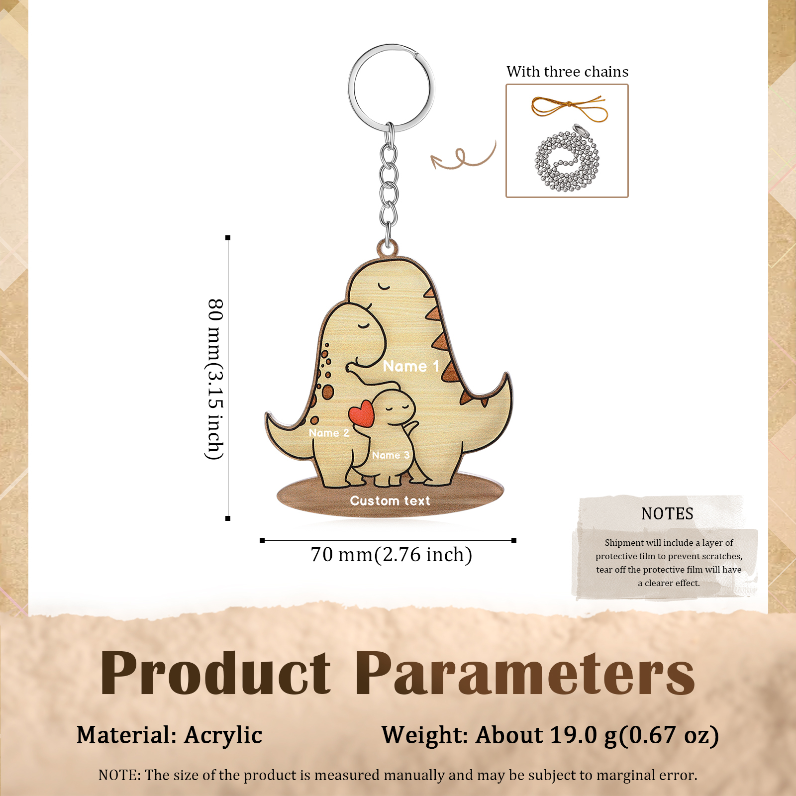 3 Names - Personalised Acrylic Dinosaur Keychain Custom Text & Name Keyring Gifts for Father/Mother