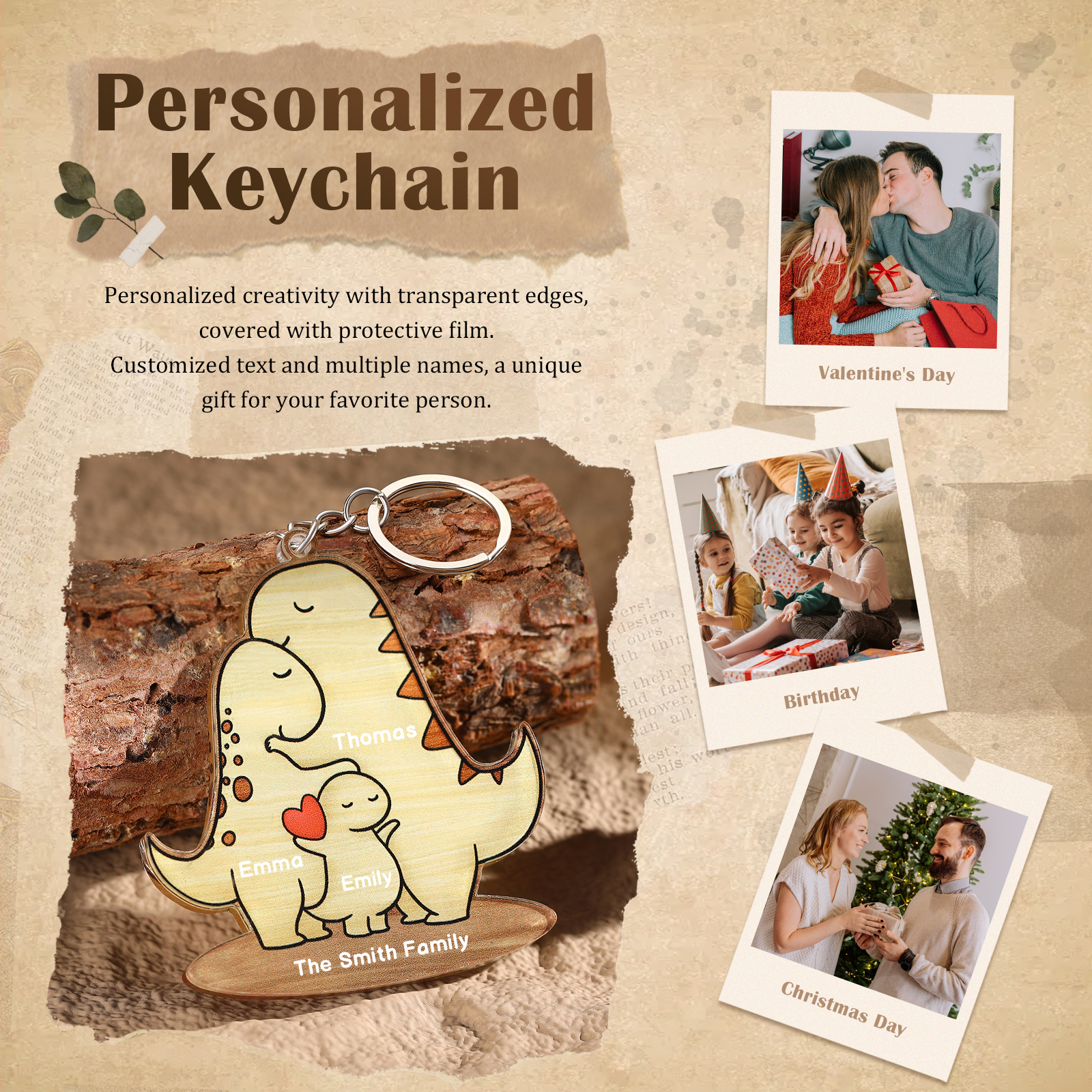 3 Names - Personalised Acrylic Dinosaur Keychain Custom Text & Name Keyring Gifts for Father/Mother