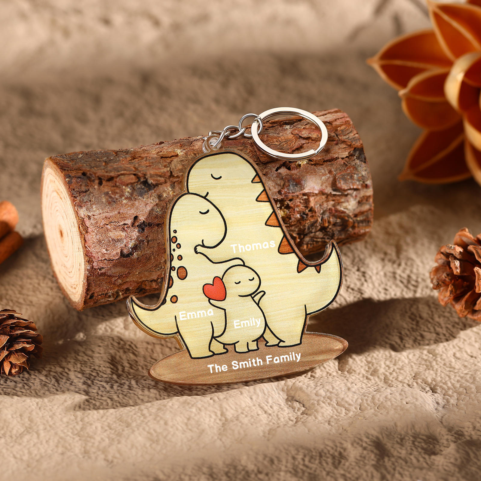 3 Names - Personalised Acrylic Dinosaur Keychain Custom Text & Name Keyring Gifts for Father/Mother