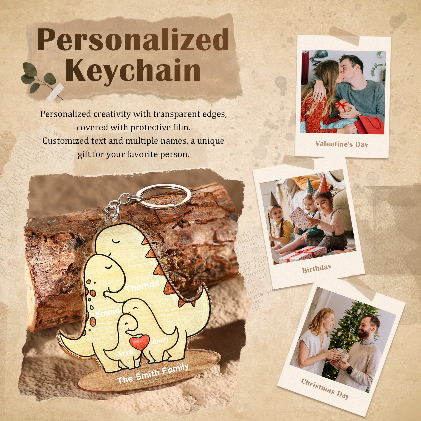 4 Names - Personalised Acrylic Dinosaur Keychain Custom Text & Name Keyring Gifts for Father/Mother