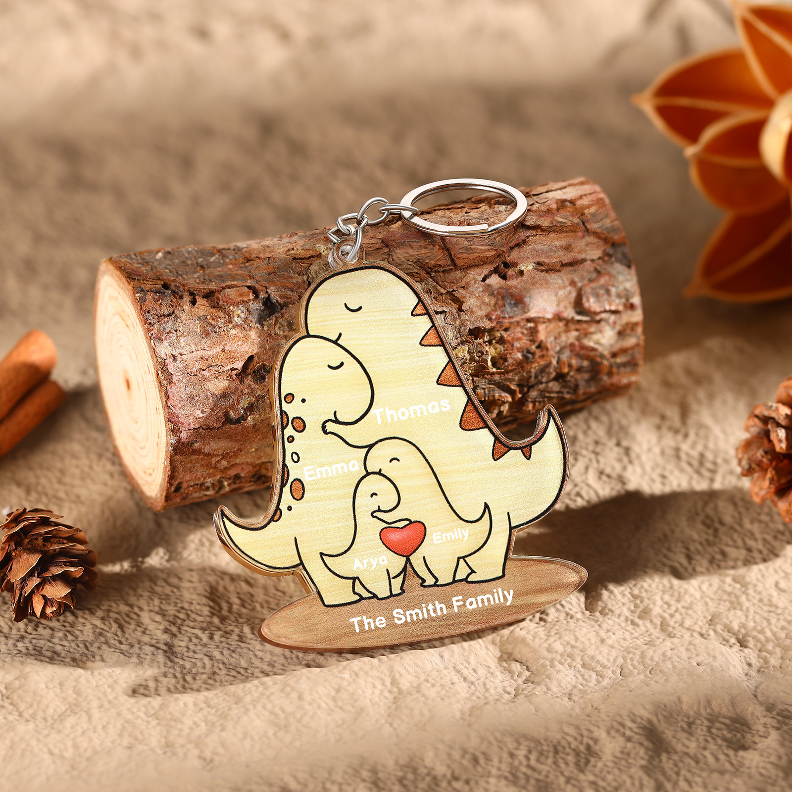 4 Names - Personalised Acrylic Dinosaur Keychain Custom Text & Name Keyring Gifts for Father/Mother