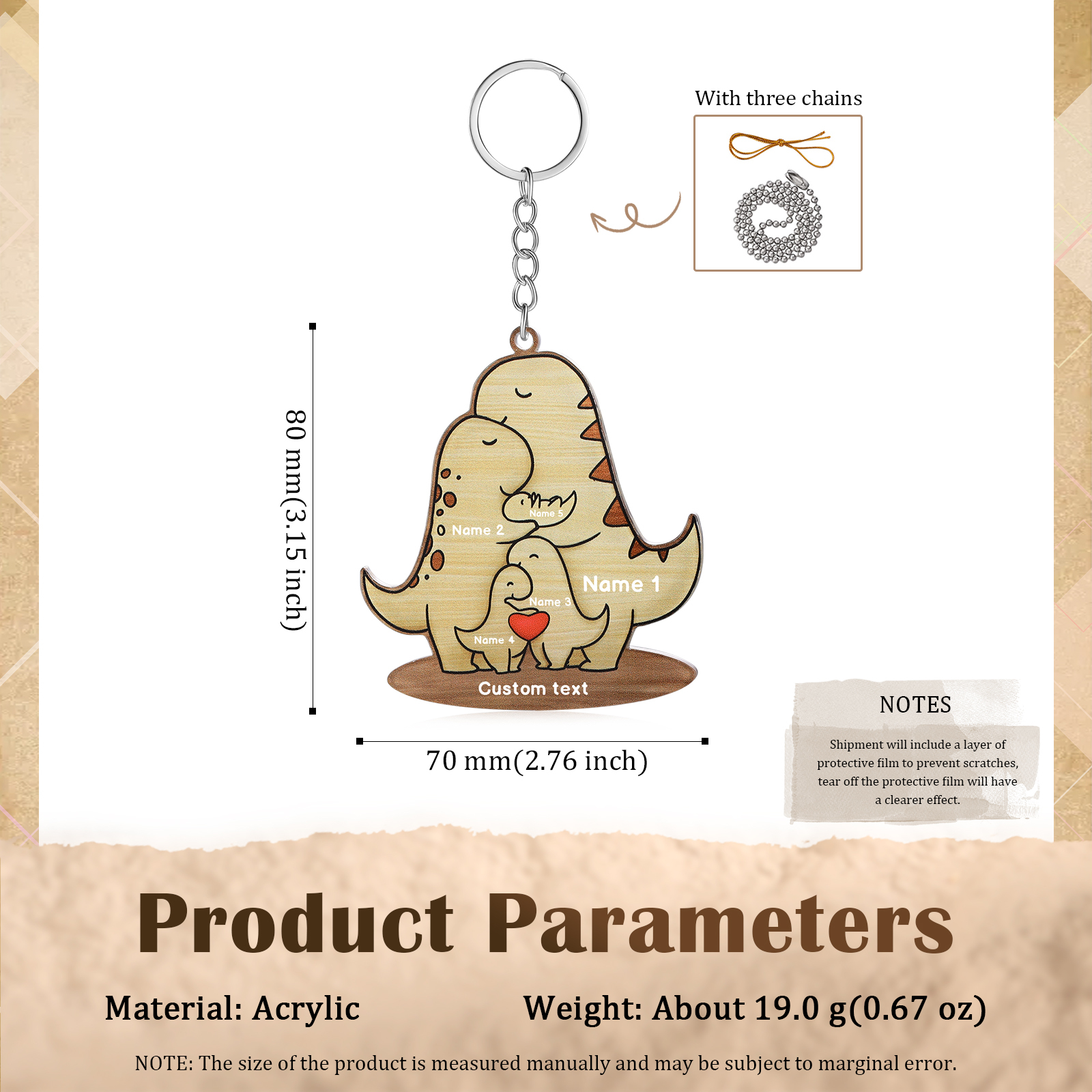 5 Names - Personalised Acrylic Dinosaur Keychain Custom Text & Name Keyring Gifts for Father/Mother
