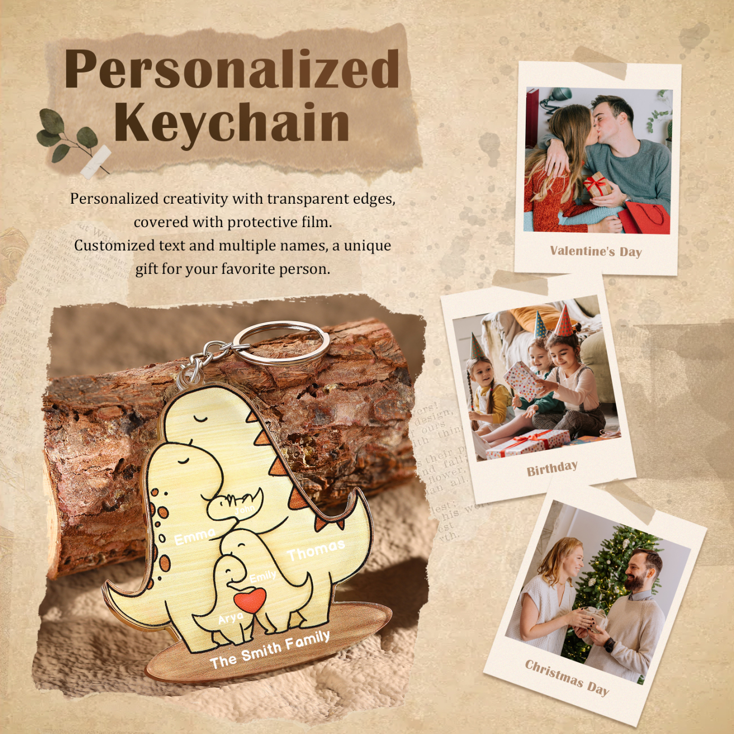 5 Names - Personalised Acrylic Dinosaur Keychain Custom Text & Name Keyring Gifts for Father/Mother