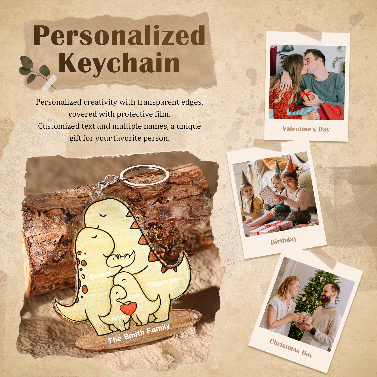 5 Names - Personalised Acrylic Dinosaur Keychain Custom Text & Name Keyring Gifts for Father/Mother