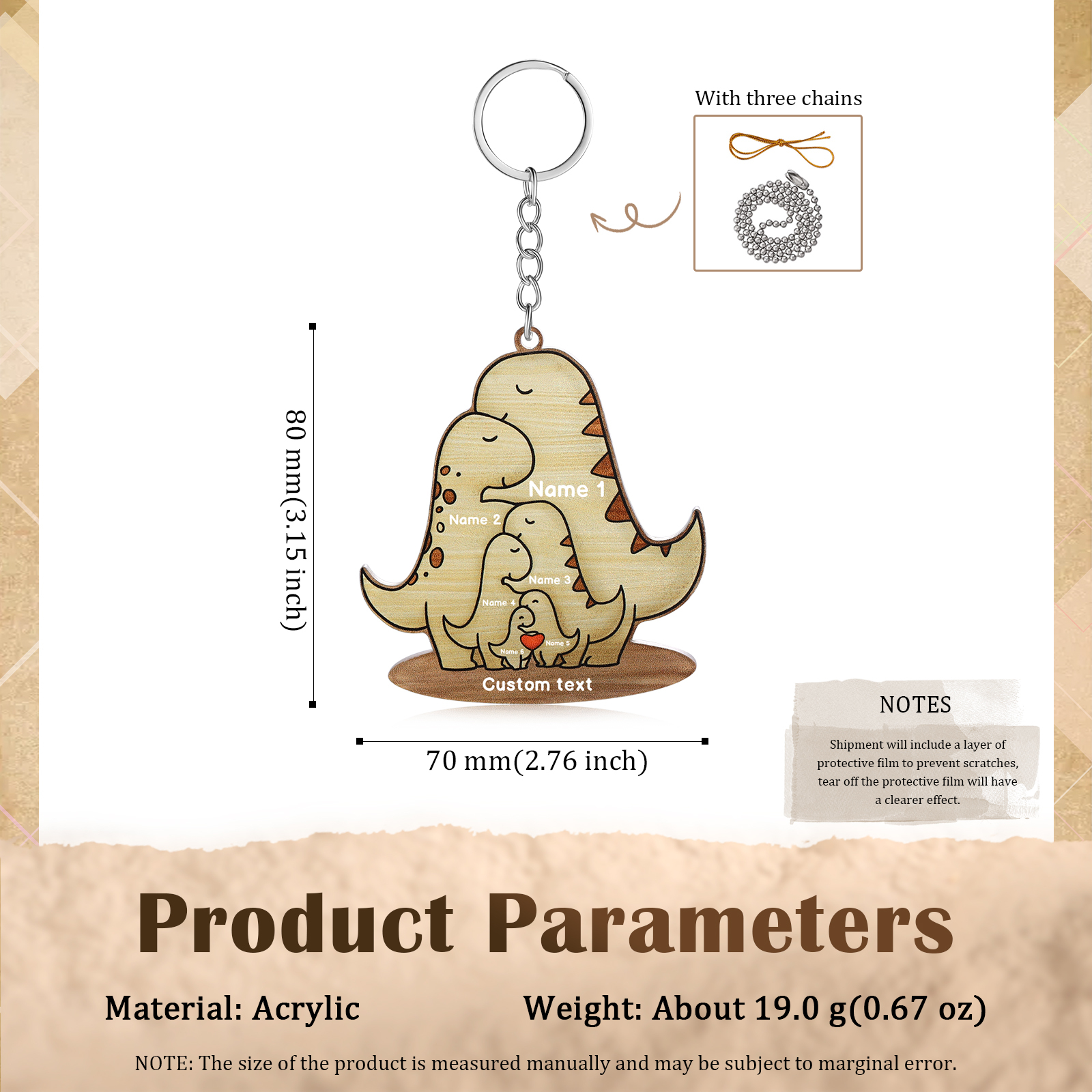 6 Names - Personalised Acrylic Dinosaur Keychain Custom Text & Name Keyring Gifts for Father/Mother