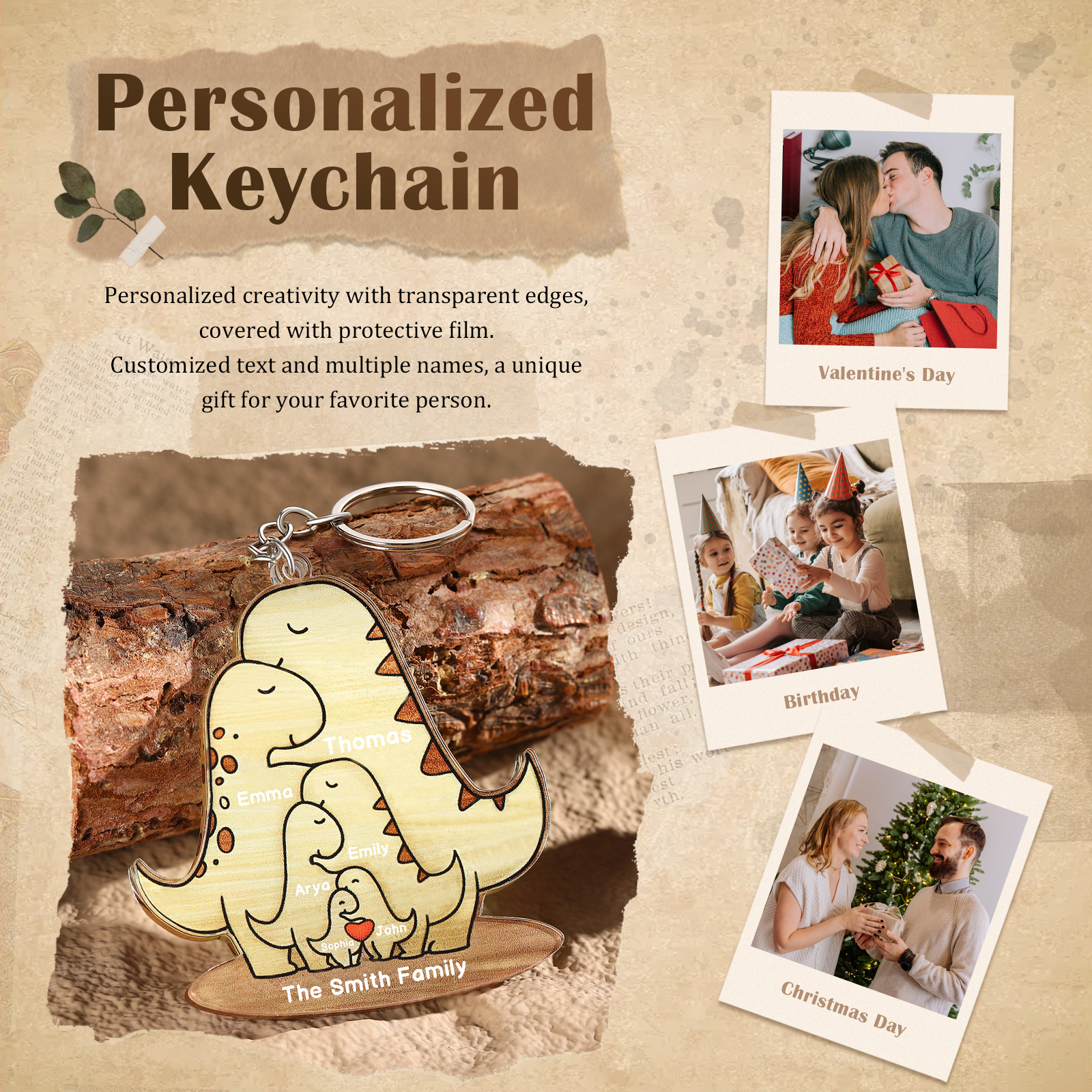 6 Names - Personalised Acrylic Dinosaur Keychain Custom Text & Name Keyring Gifts for Father/Mother