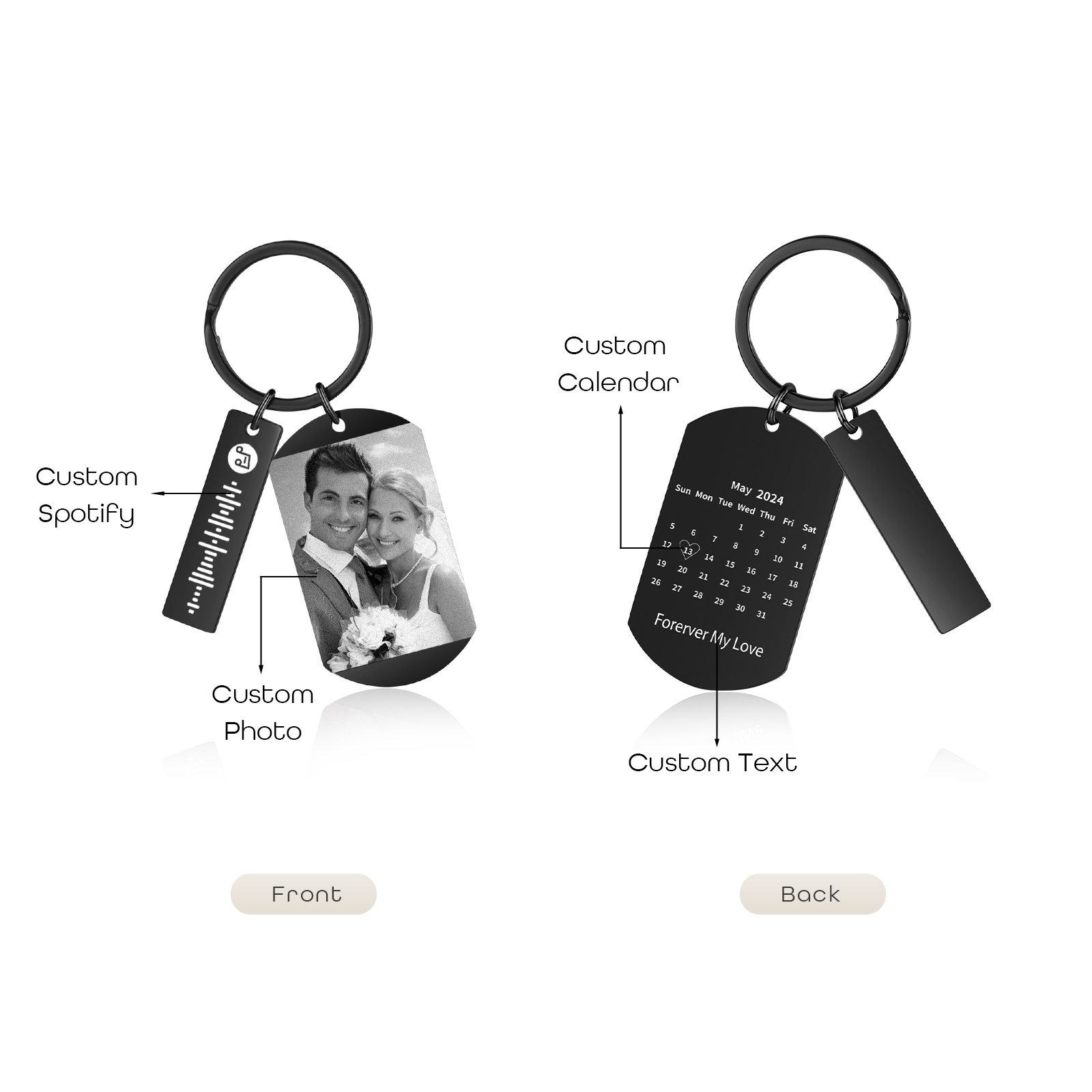 Personalised Calendar & Photo & Spotify Code Keychain Custom Music Keyring Black Gifts for Couple | Jessammade
