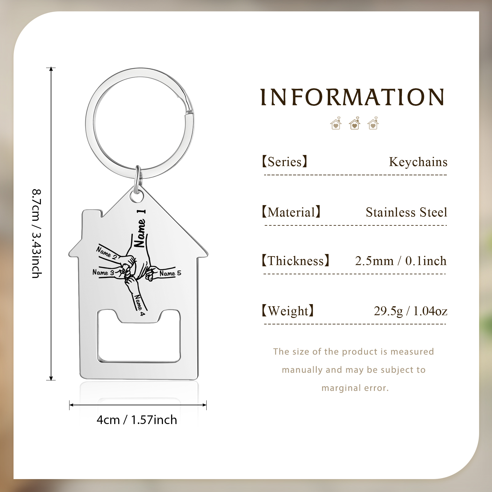Personalized Holding Hands Keychain Custom 2–5 Names Bottle Opener House-Shaped Keyring Gifts for Family
