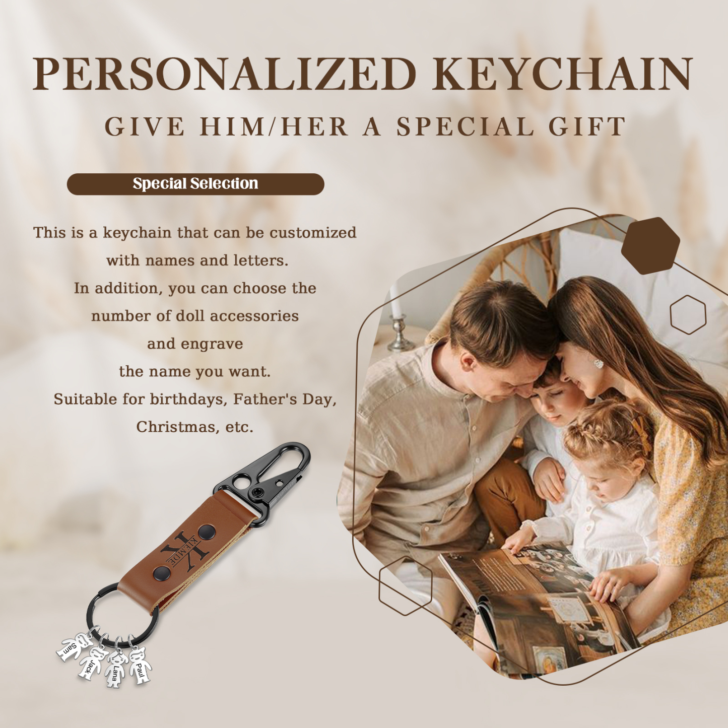 Personalised Men Leather Keychain Custom 2-7 Names & 1 Letter Keyring Gift for Dad/Grandpa | Jessmade