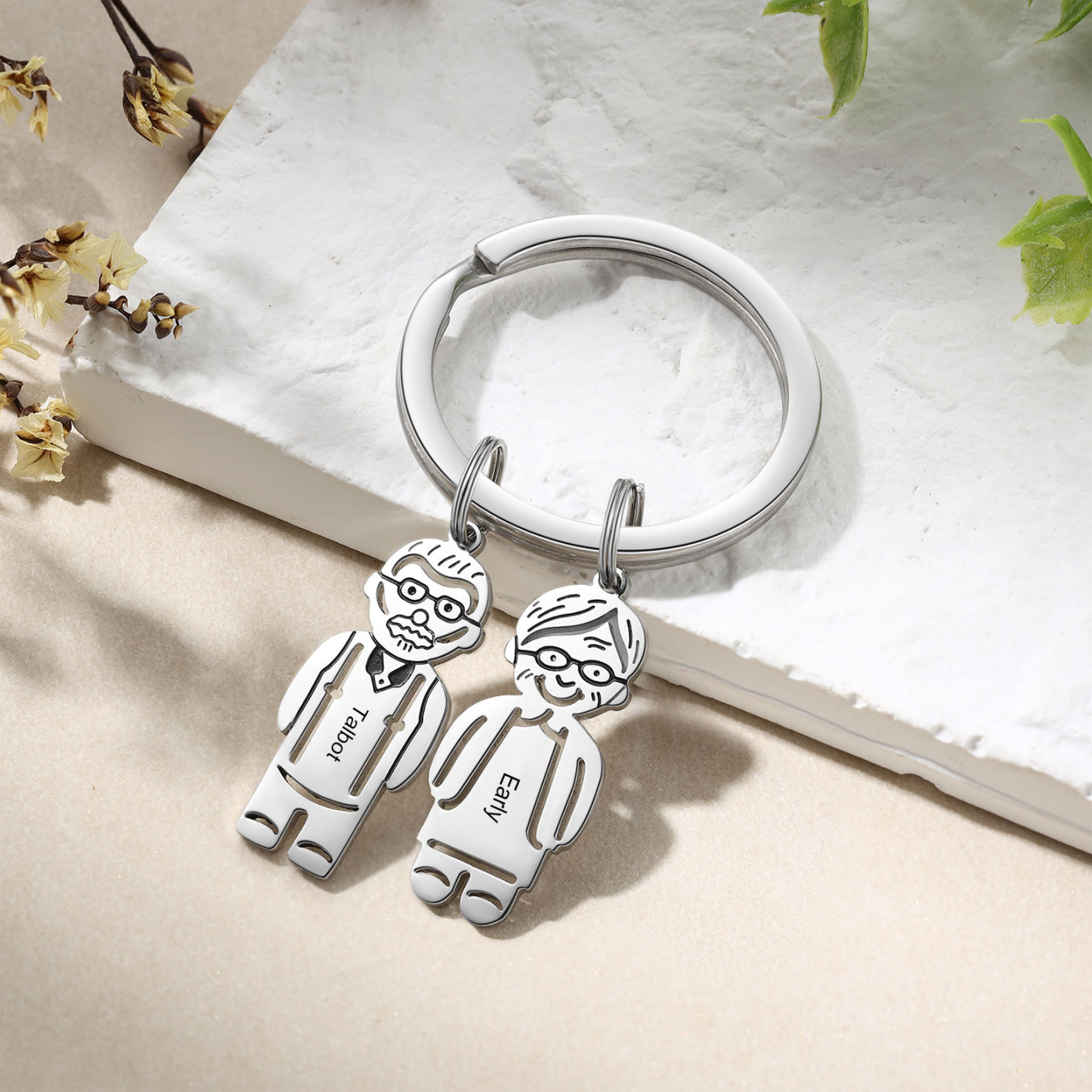 2 Names Personalised Stainless Steel Keyring with Pendant Charms | Lorajewel