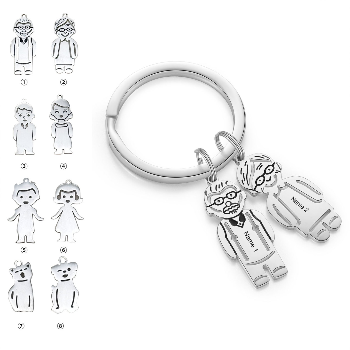 2 Names Personalised Stainless Steel Keyring with Pendant Charms | Lorajewel