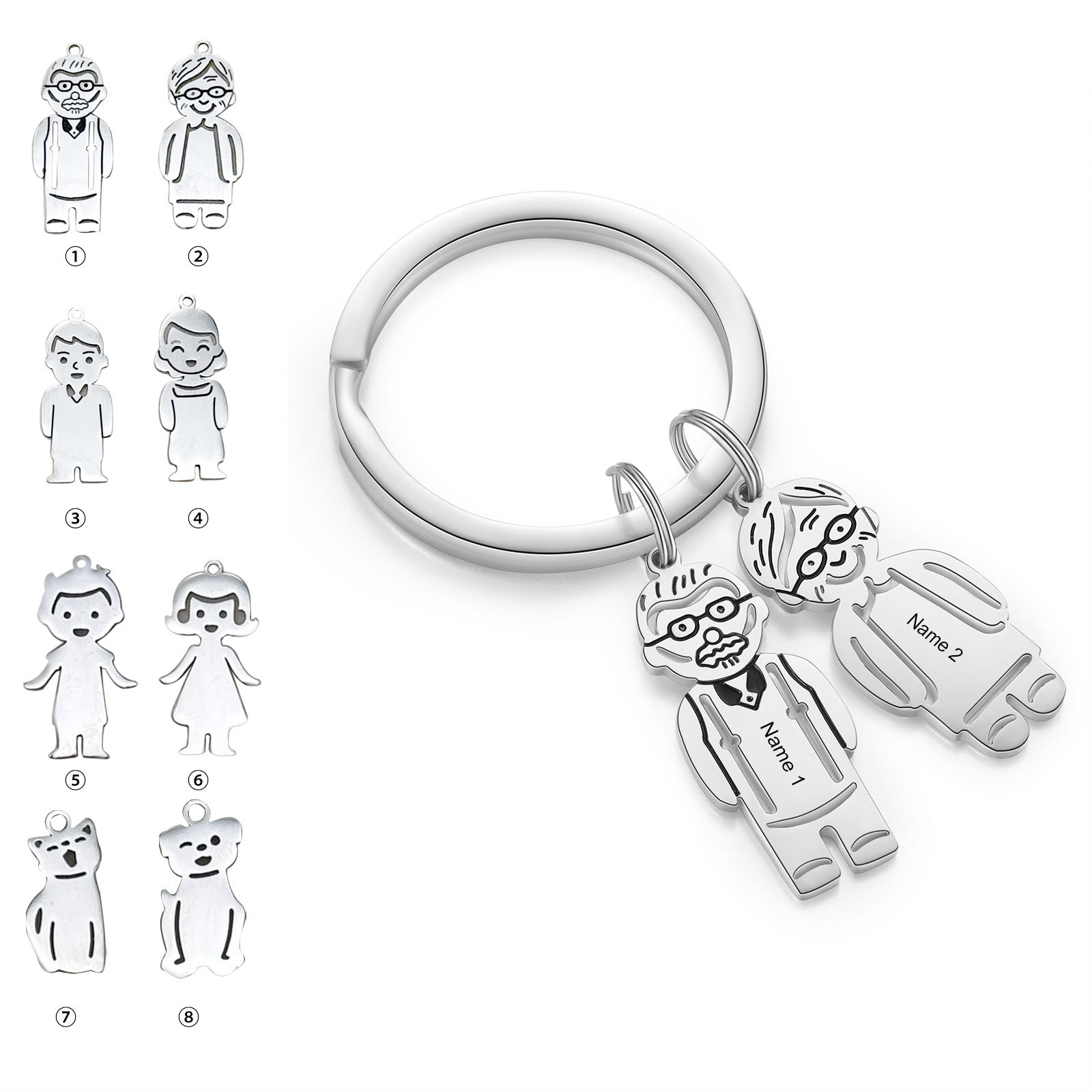 2 Names Personalised Stainless Steel Keyring with Pendant Charms | Lorajewel