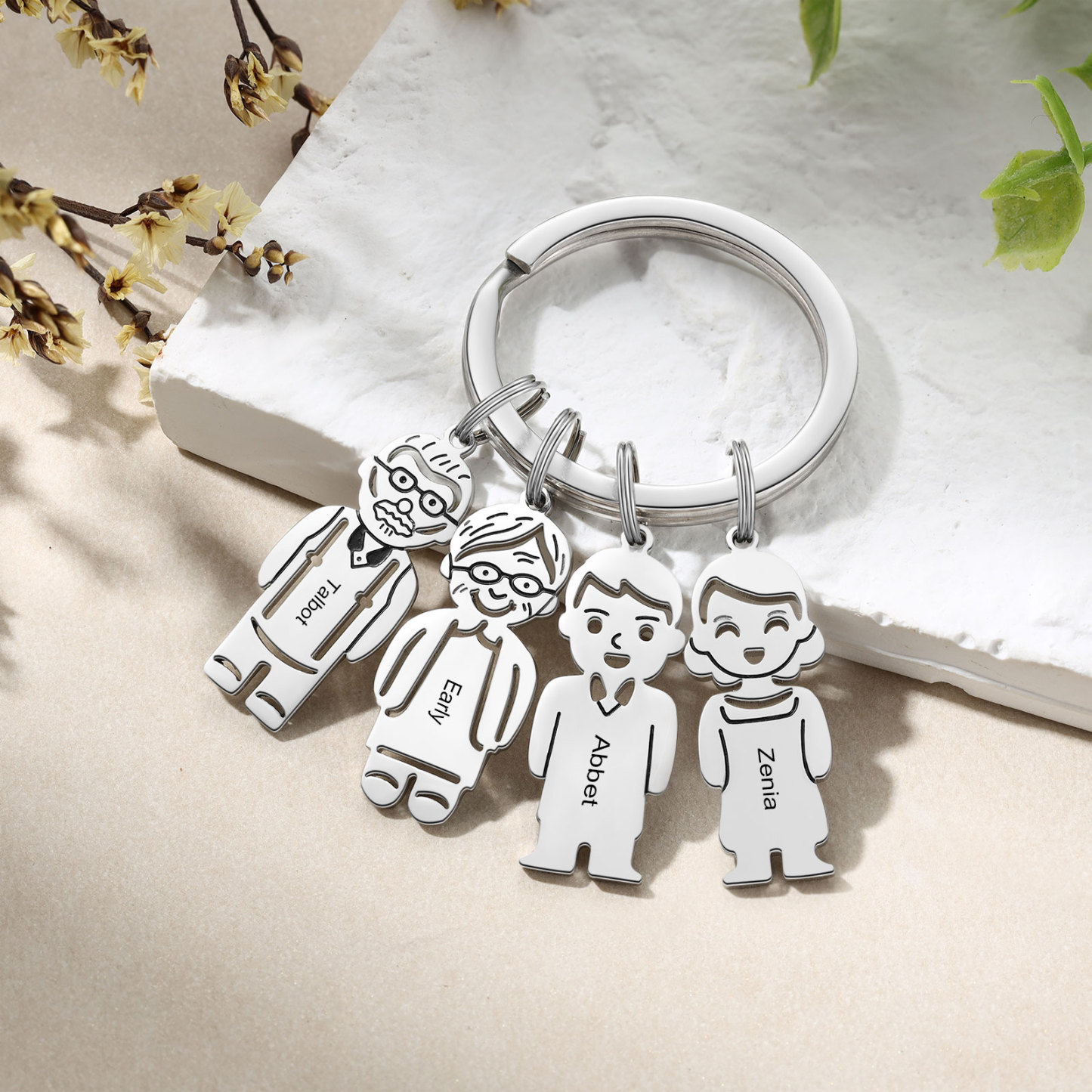 4 Names Personalised Stainless Steel Keyring with Pendant Charms | Lorajewel