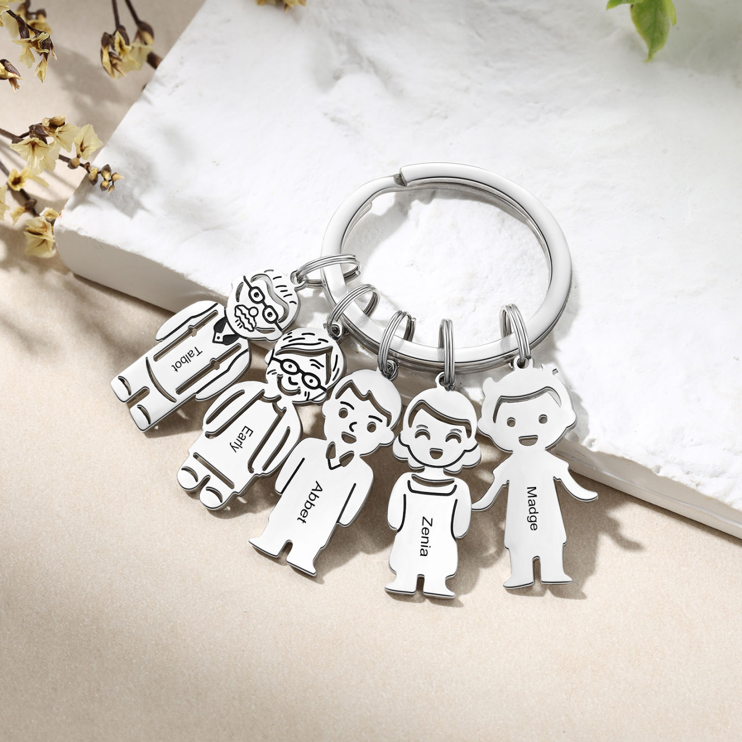5 Names Personalised Stainless Steel Keyring with Pendant Charms | Lorajewel