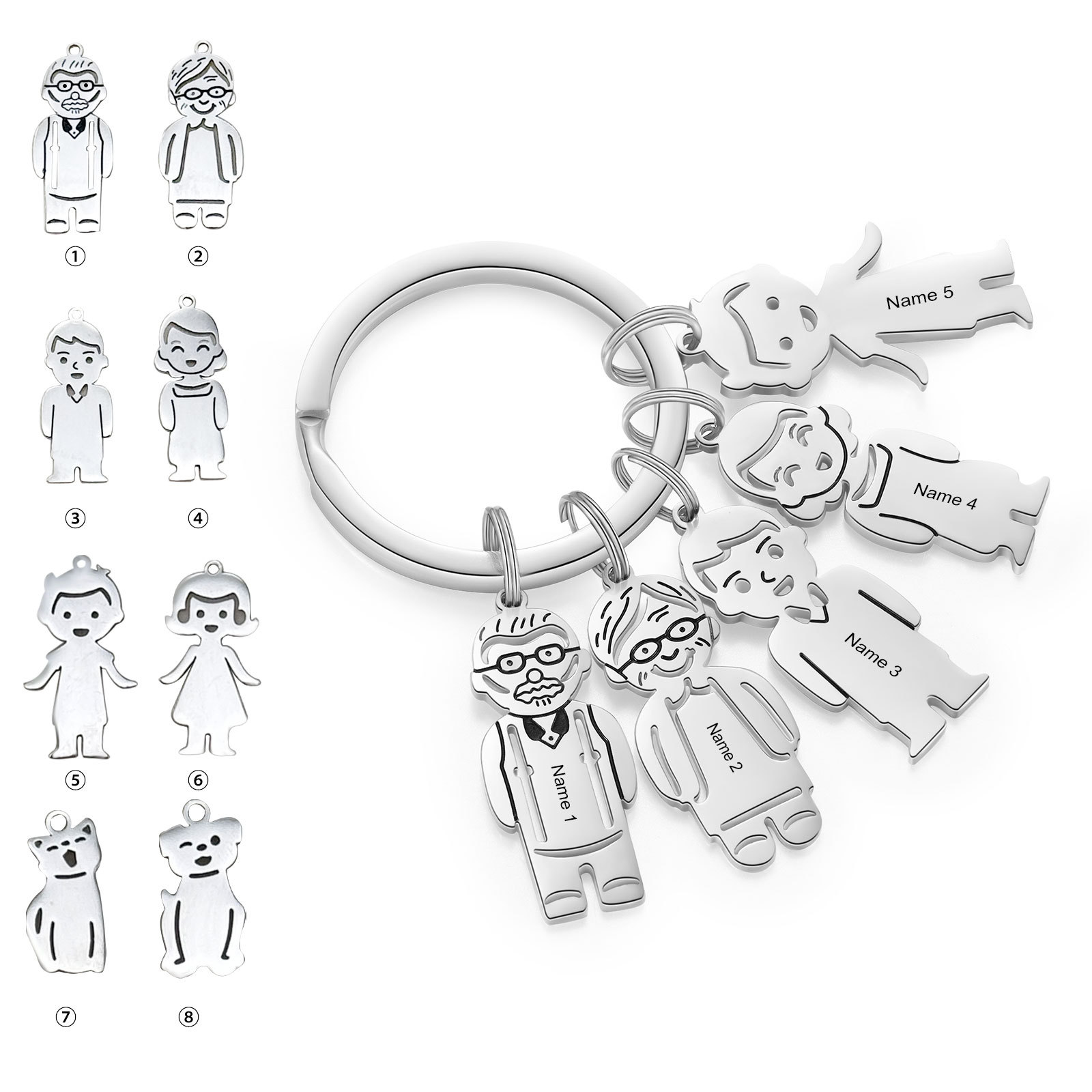 5 Names Personalised Stainless Steel Keyring with Pendant Charms | Lorajewel