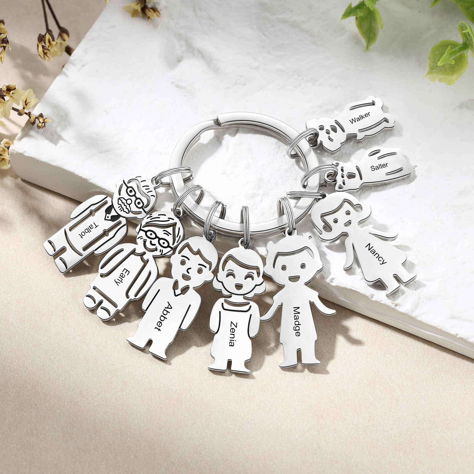 8 Names Personalised Stainless Steel Keyring with Pendant Charms | Lorajewel