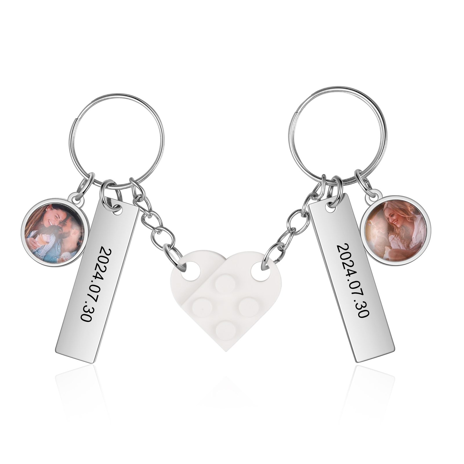 Brick Heart Matching Keychain Set Custom 2 Names & Date Couple Keychain Valentine's Day Keyring Gifts