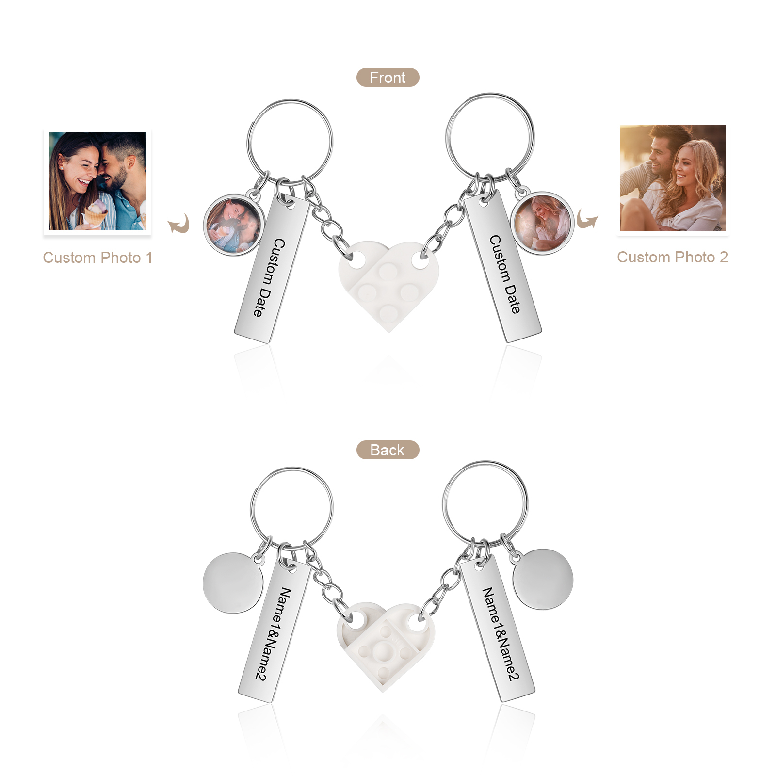 Brick Heart Matching Keychain Set Custom 2 Names & Date Couple Keychain Valentine's Day Keyring Gifts