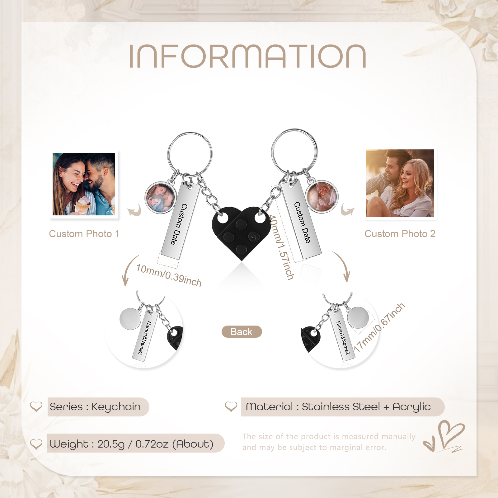 Brick Heart Matching Keychain Set Custom 2 Names & Date Couple Keychain Valentine's Day Keyring Gifts