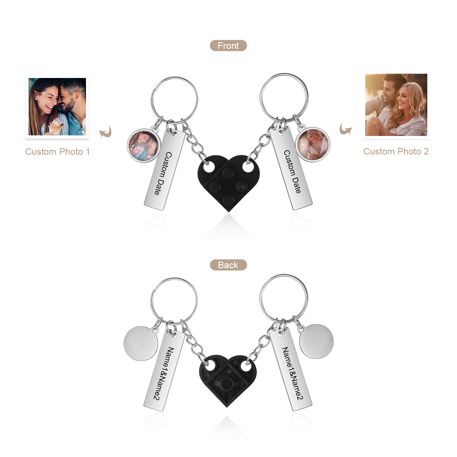 Brick Heart Matching Keychain Set Custom 2 Names & Date Couple Keychain Valentine's Day Keyring Gifts