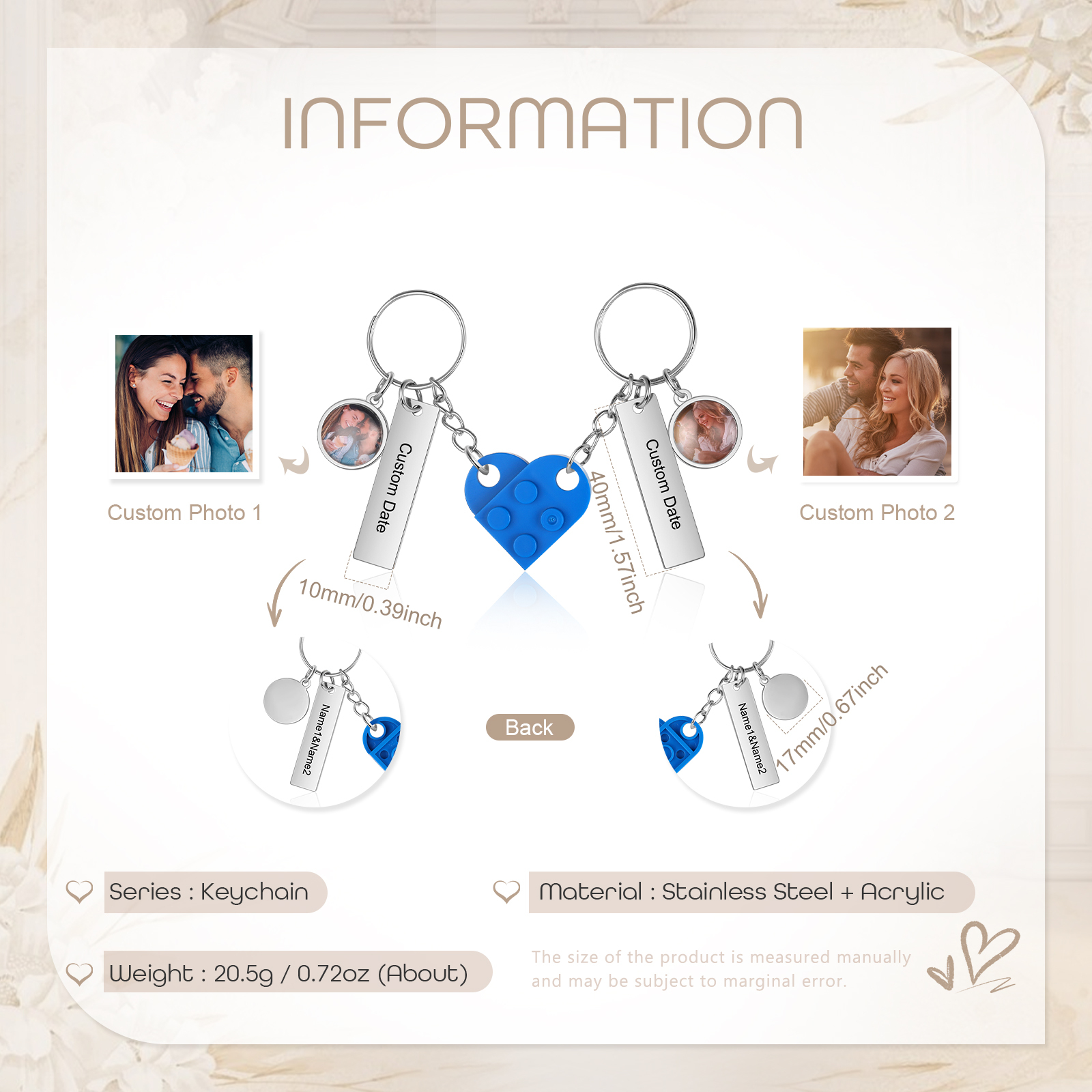 Brick Heart Matching Keychain Set Custom 2 Names & Date Couple Keychain Valentine's Day Keyring Gifts