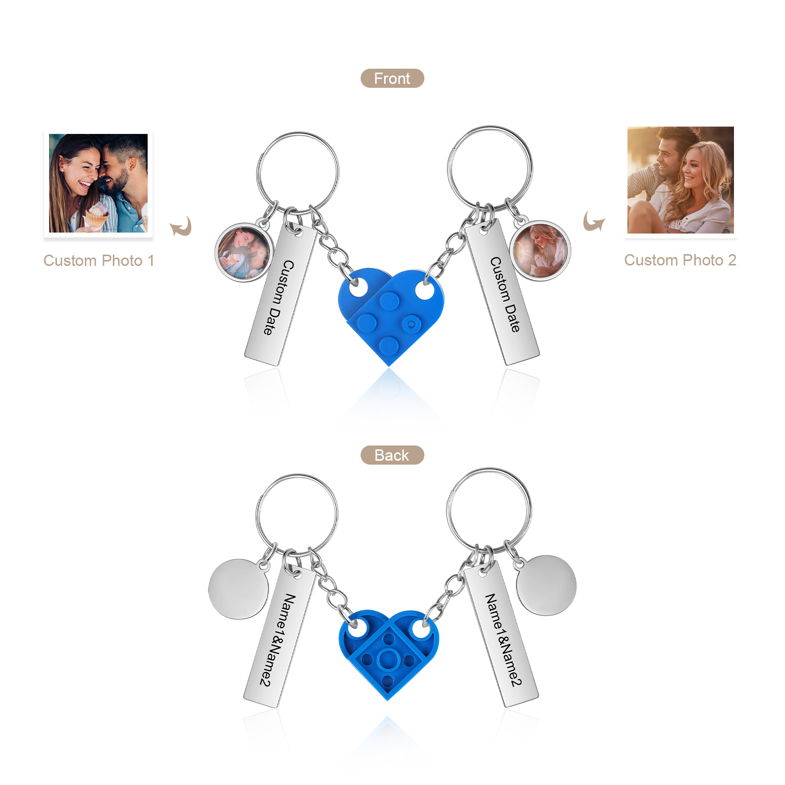 Brick Heart Matching Keychain Set Custom 2 Names & Date Couple Keychain Valentine's Day Keyring Gifts