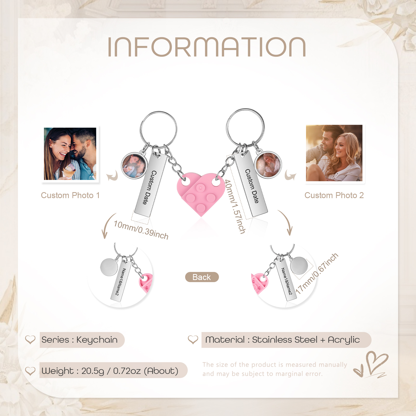 Brick Heart Matching Keychain Set Custom 2 Names & Date Couple Keychain Valentine's Day Keyring Gifts