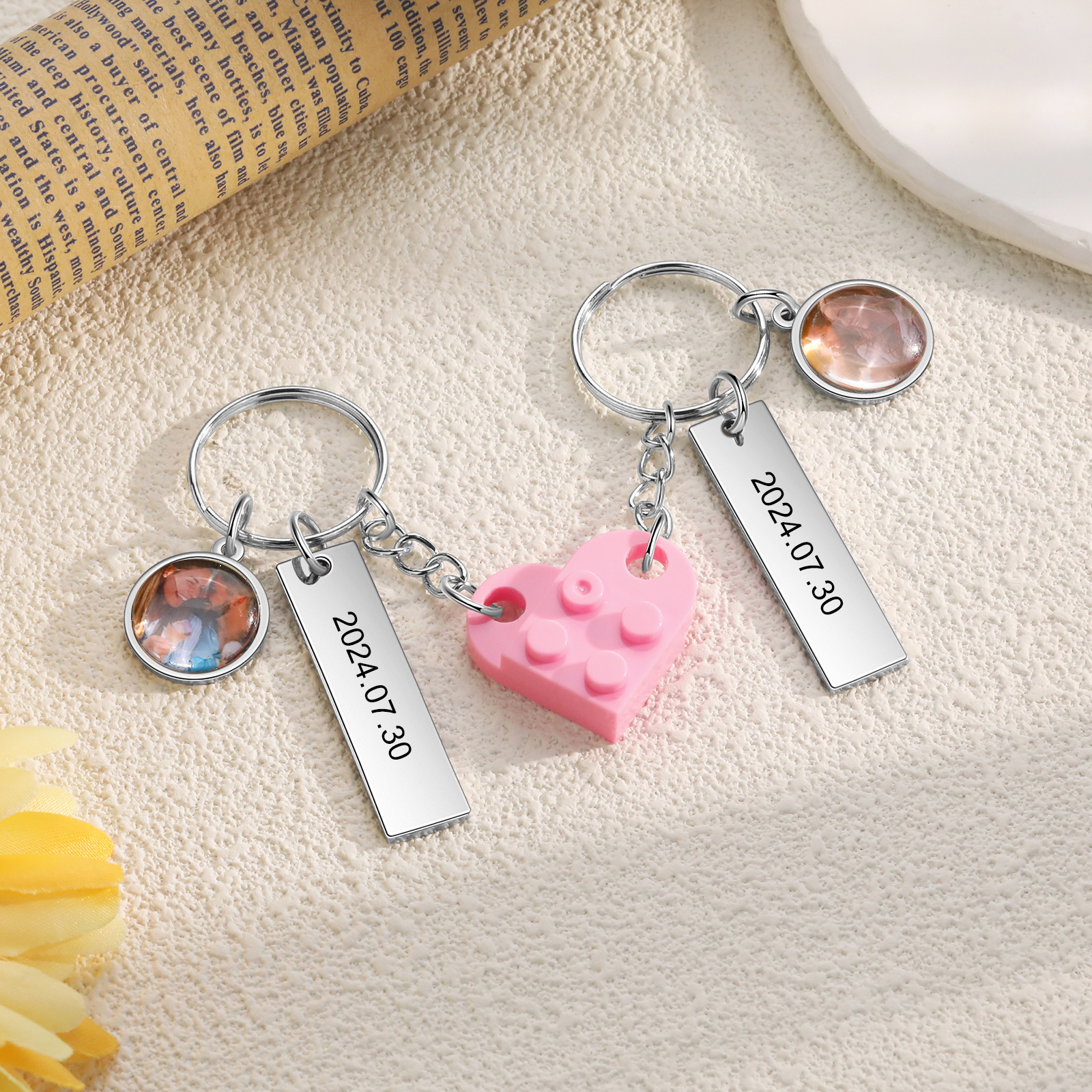 Brick Heart Matching Keychain Set Custom 2 Names & Date Couple Keychain Valentine's Day Keyring Gifts