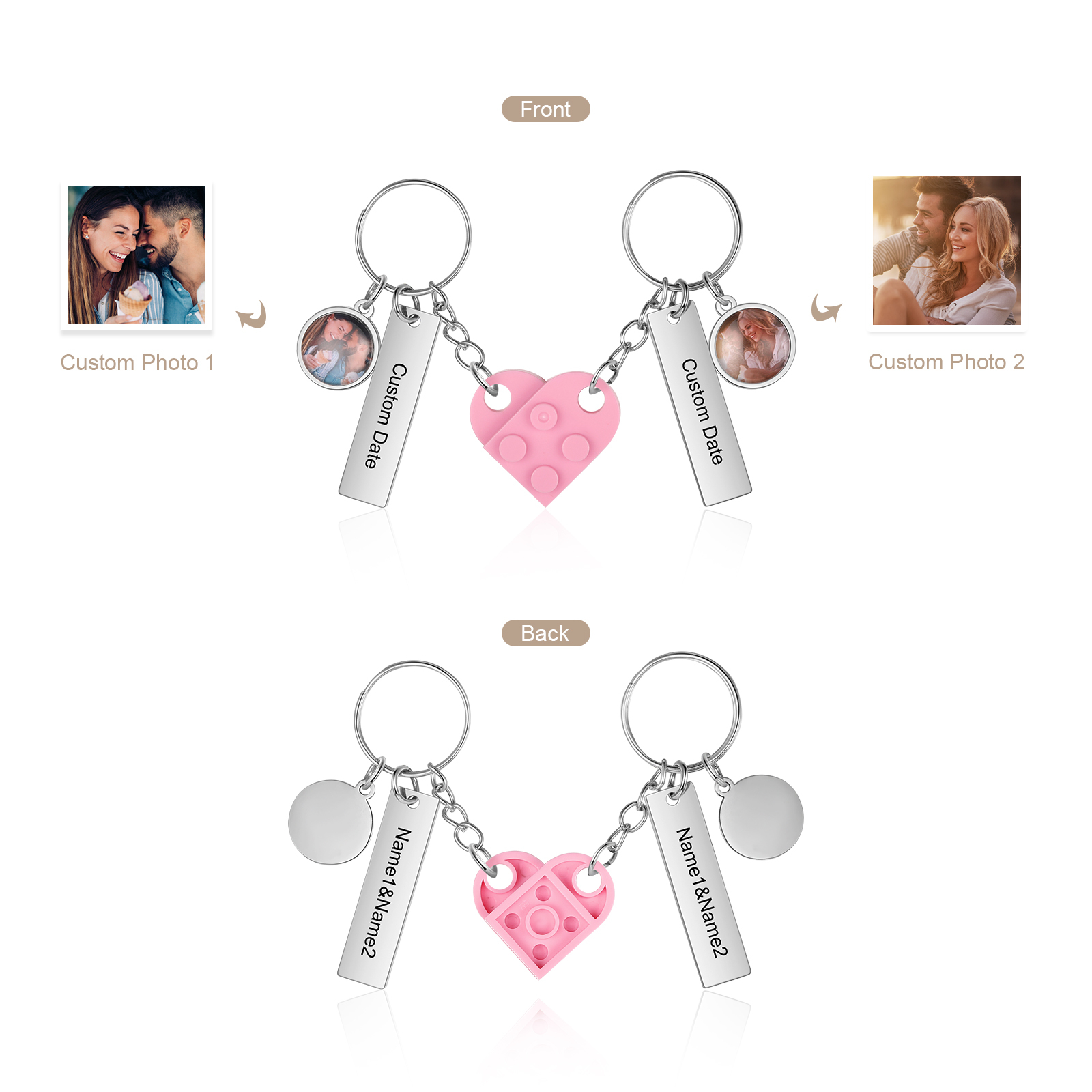Brick Heart Matching Keychain Set Custom 2 Names & Date Couple Keychain Valentine's Day Keyring Gifts