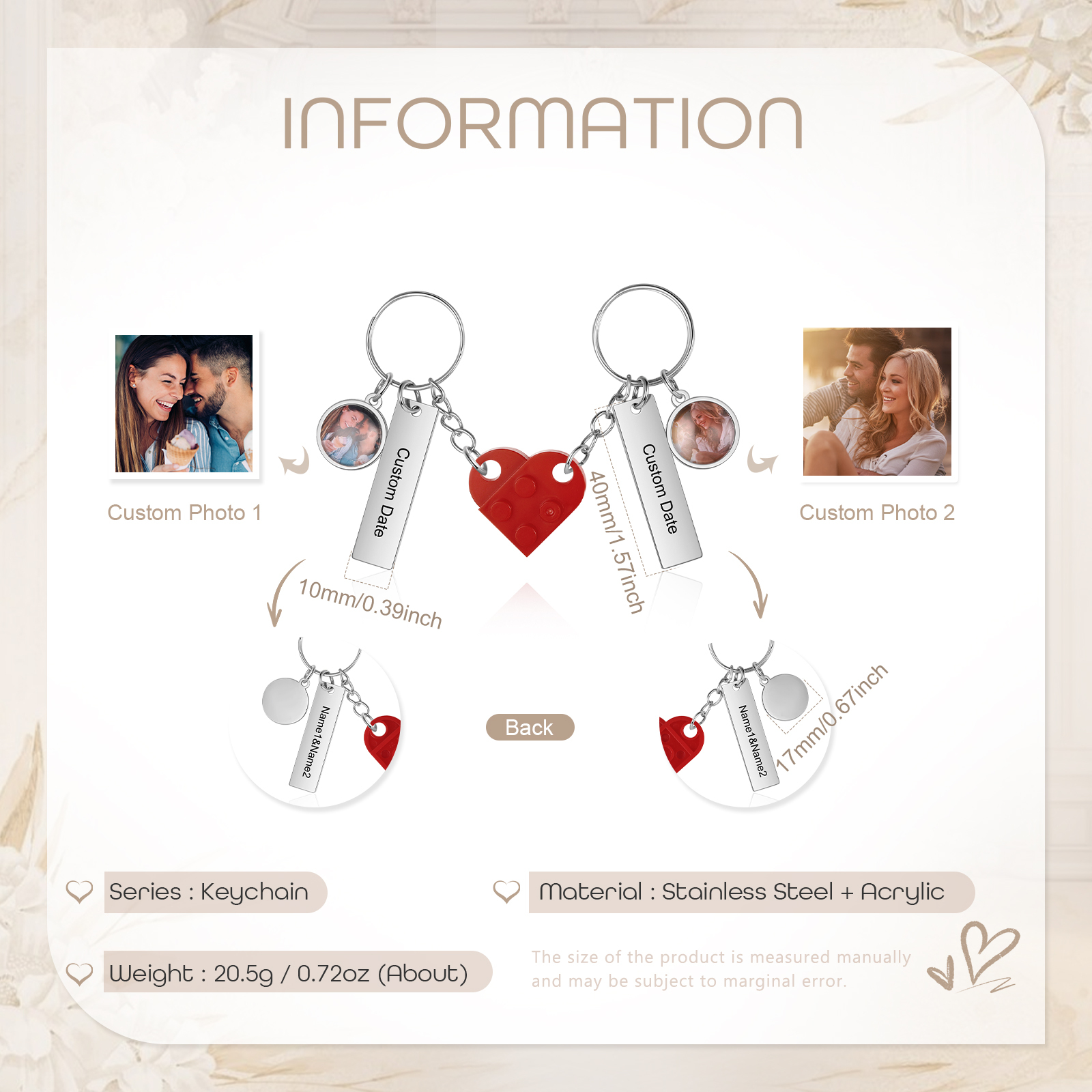 Brick Heart Matching Keychain Set Custom 2 Names & Date Couple Keychain Valentine's Day Keyring Gifts