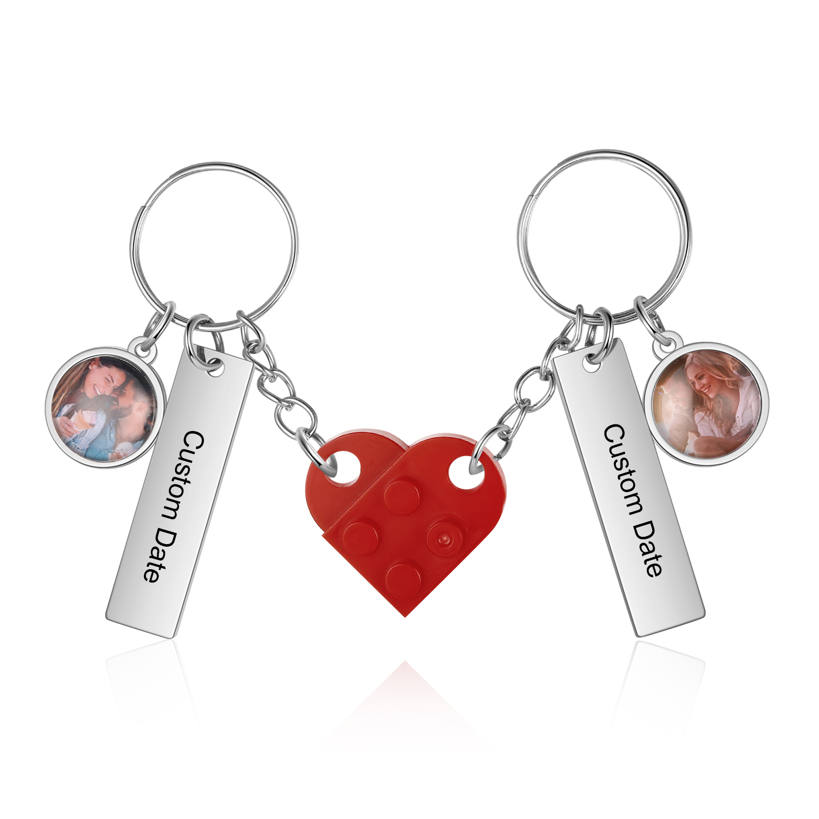 Brick Heart Matching Keychain Set Custom 2 Names & Date Couple Keychain Valentine's Day Keyring Gifts