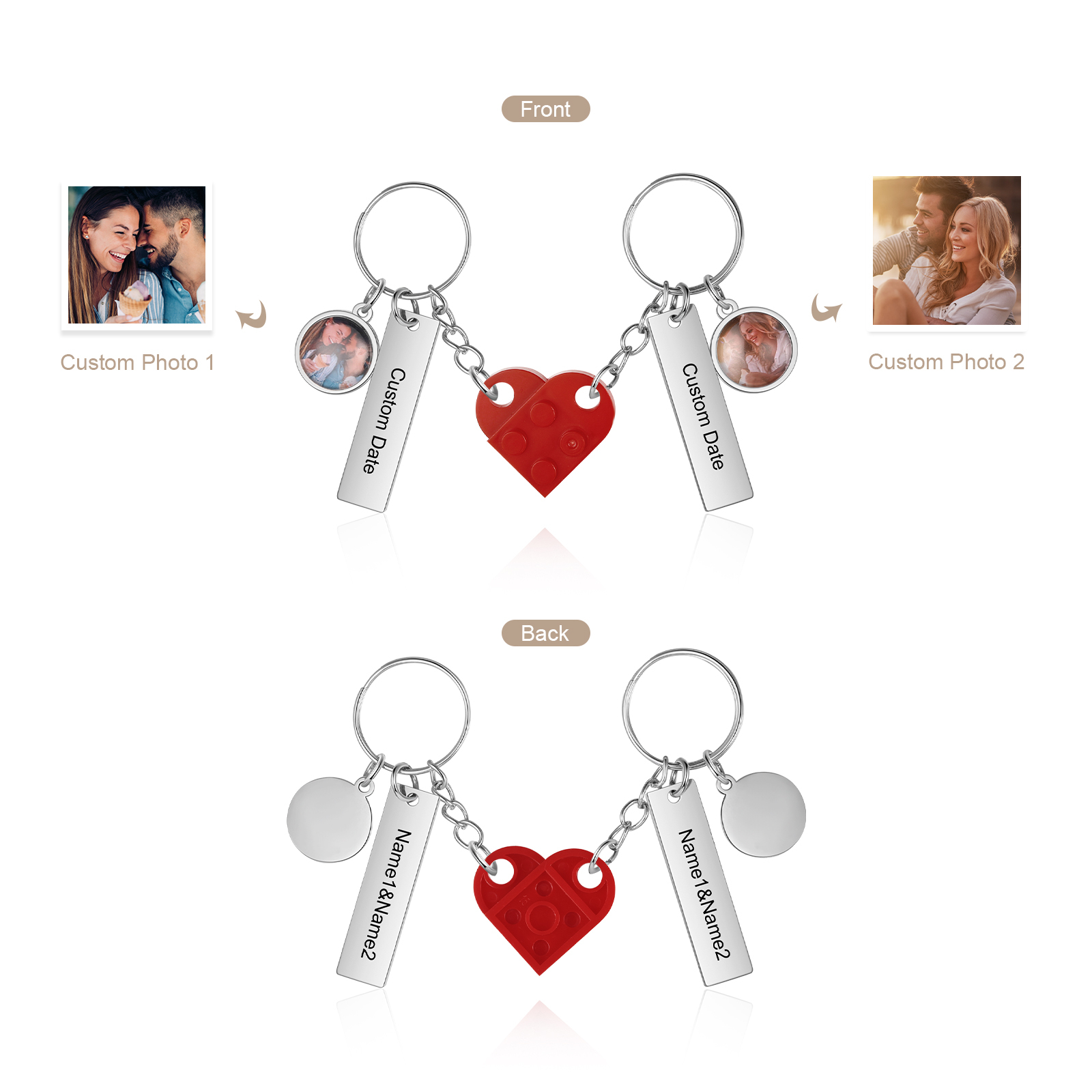 Brick Heart Matching Keychain Set Custom 2 Names & Date Couple Keychain Valentine's Day Keyring Gifts