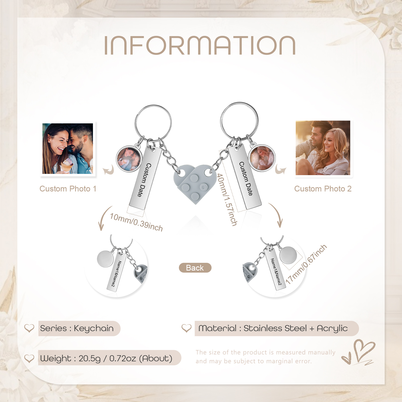 Brick Heart Matching Keychain Set Custom 2 Names & Date Couple Keychain Valentine's Day Keyring Gifts