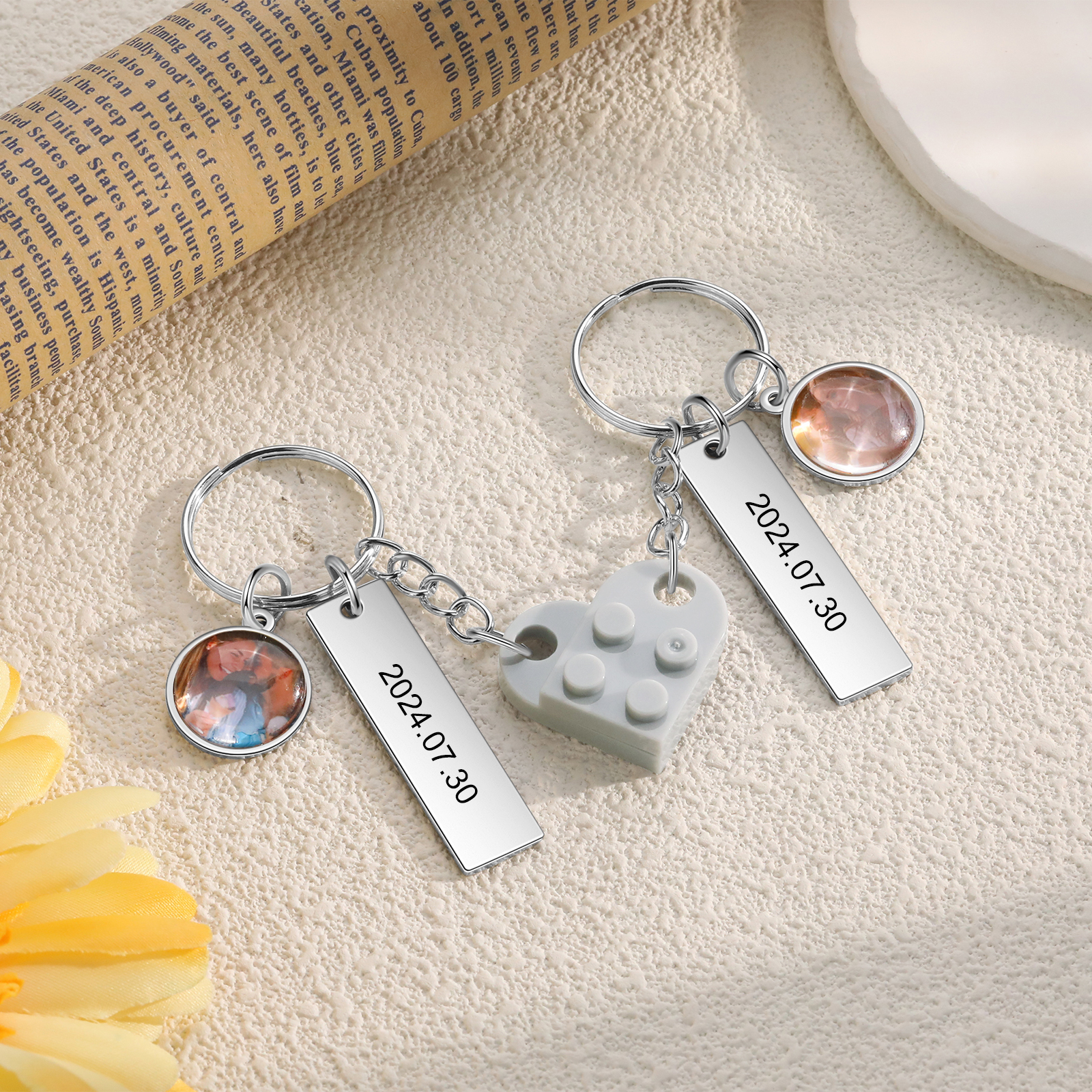 Brick Heart Matching Keychain Set Custom 2 Names & Date Couple Keychain Valentine's Day Keyring Gifts