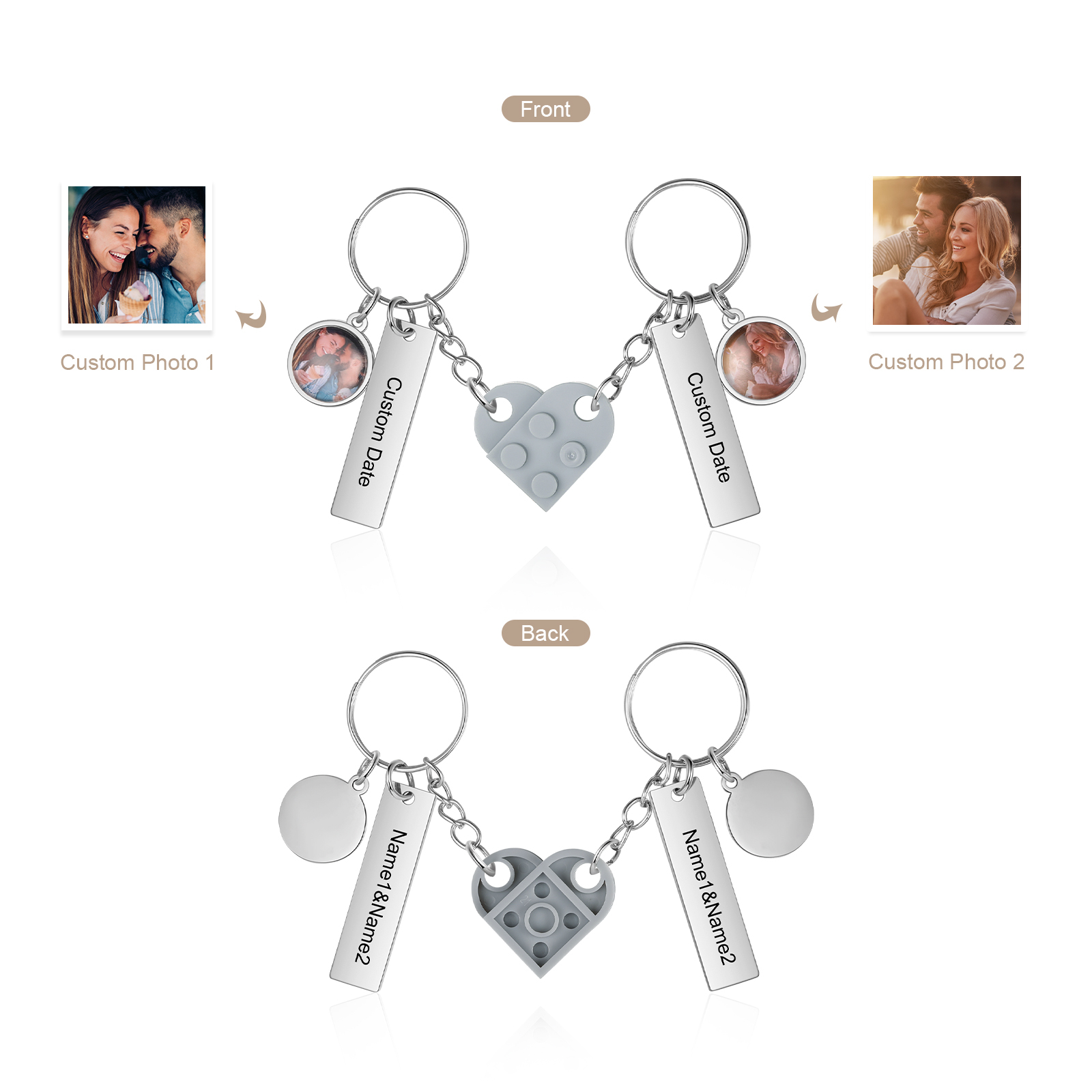 Brick Heart Matching Keychain Set Custom 2 Names & Date Couple Keychain Valentine's Day Keyring Gifts