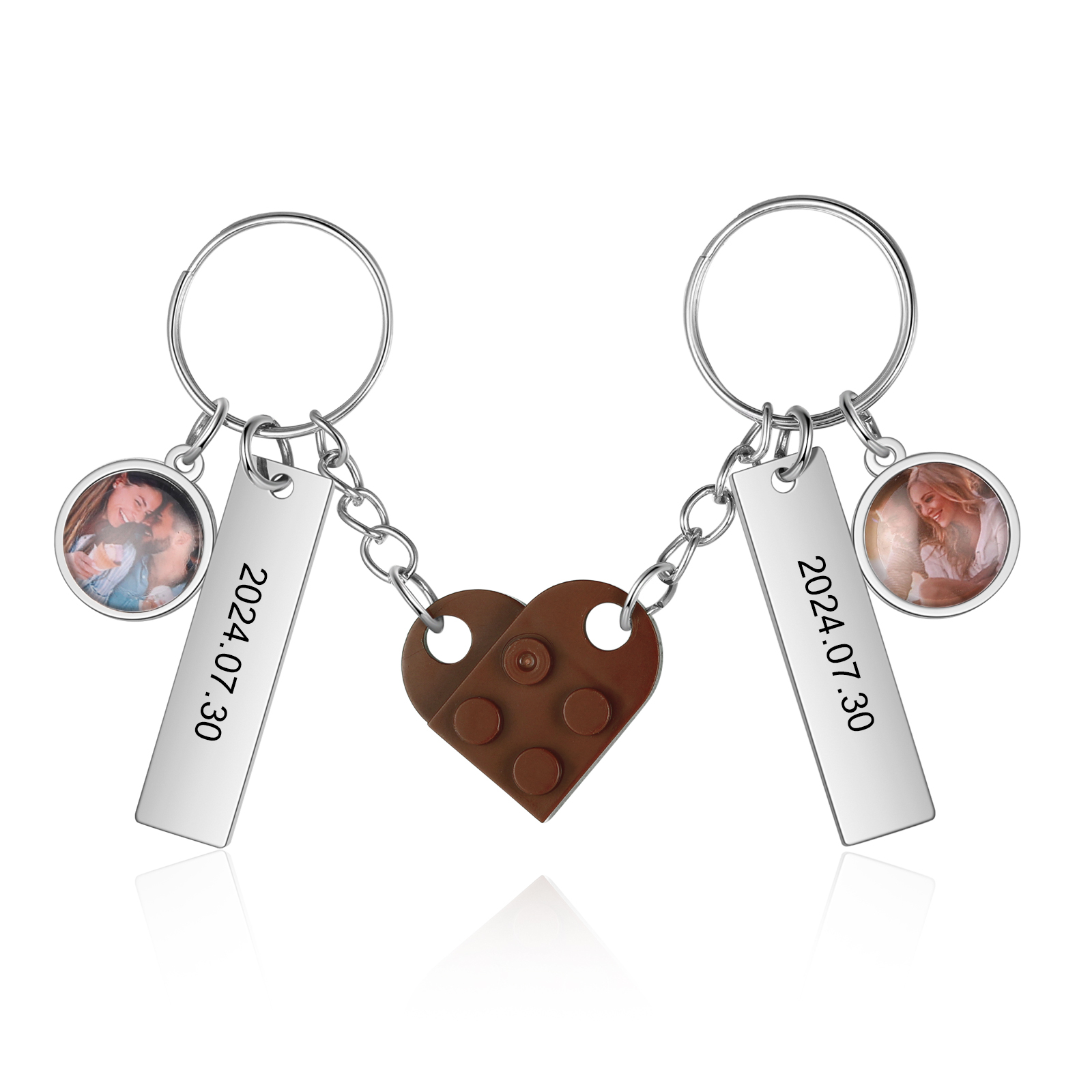 Brick Heart Matching Keychain Set Custom 2 Names & Date Couple Keychain Valentine's Day Keyring Gifts