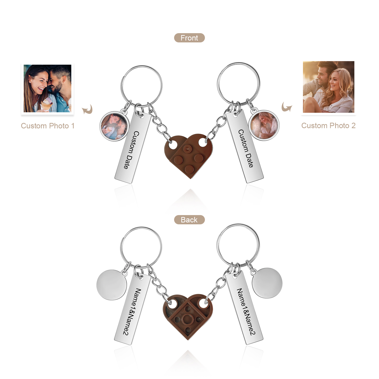 Brick Heart Matching Keychain Set Custom 2 Names & Date Couple Keychain Valentine's Day Keyring Gifts