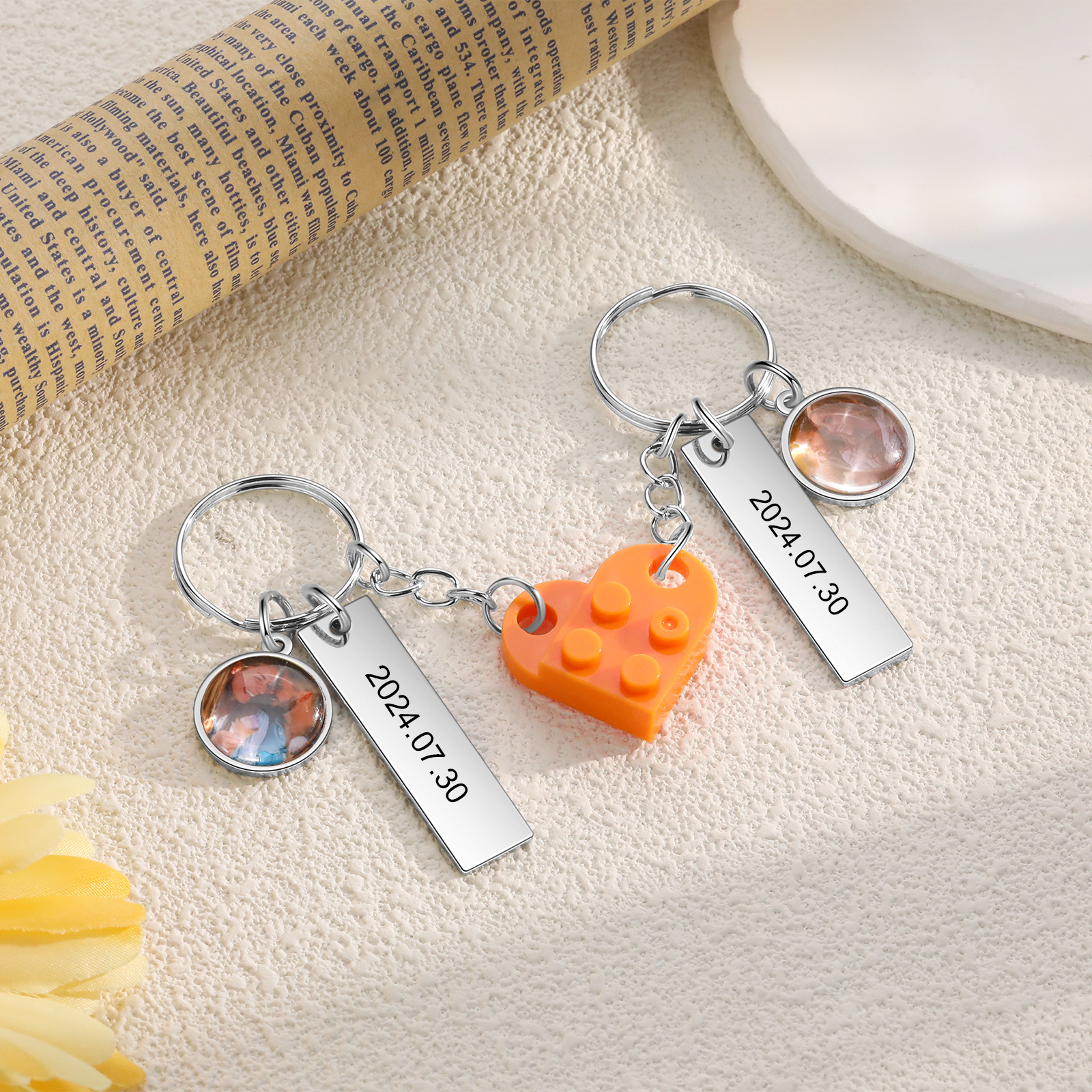 Brick Heart Matching Keychain Set Custom 2 Names & Date Couple Keychain Valentine's Day Keyring Gifts
