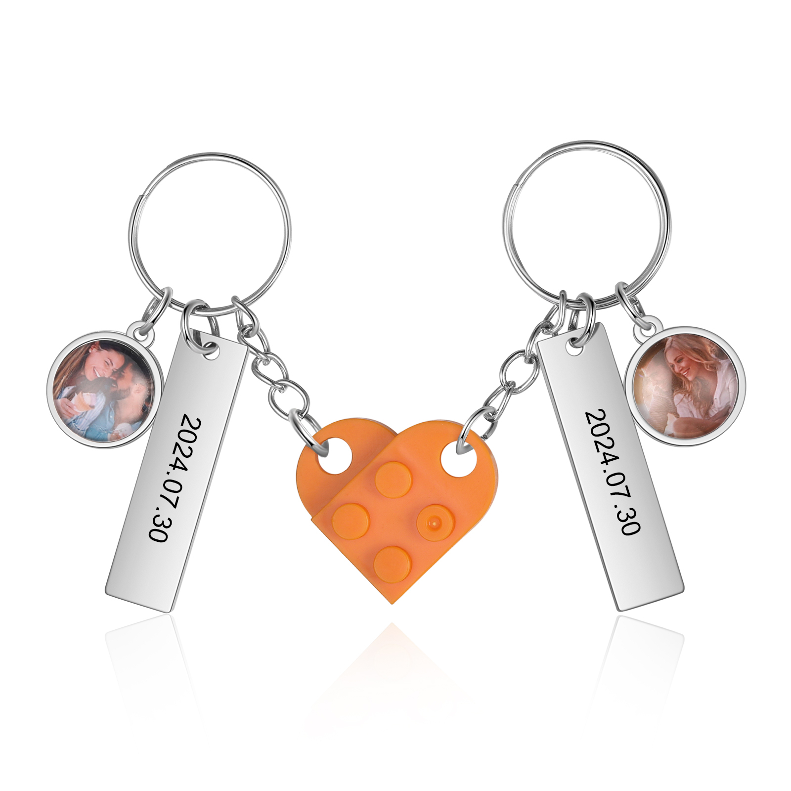 Brick Heart Matching Keychain Set Custom 2 Names & Date Couple Keychain Valentine's Day Keyring Gifts