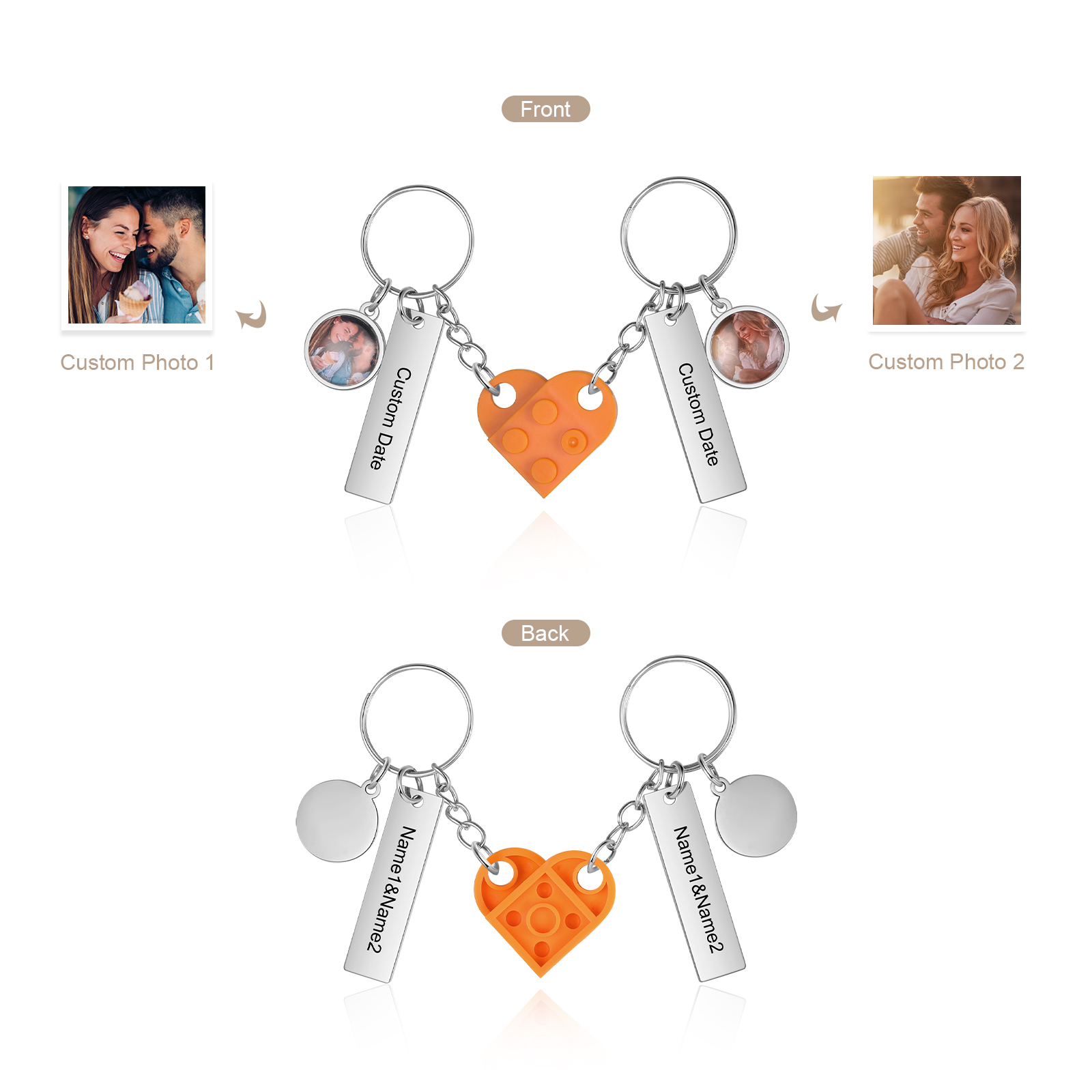 Brick Heart Matching Keychain Set Custom 2 Names & Date Couple Keychain Valentine's Day Keyring Gifts