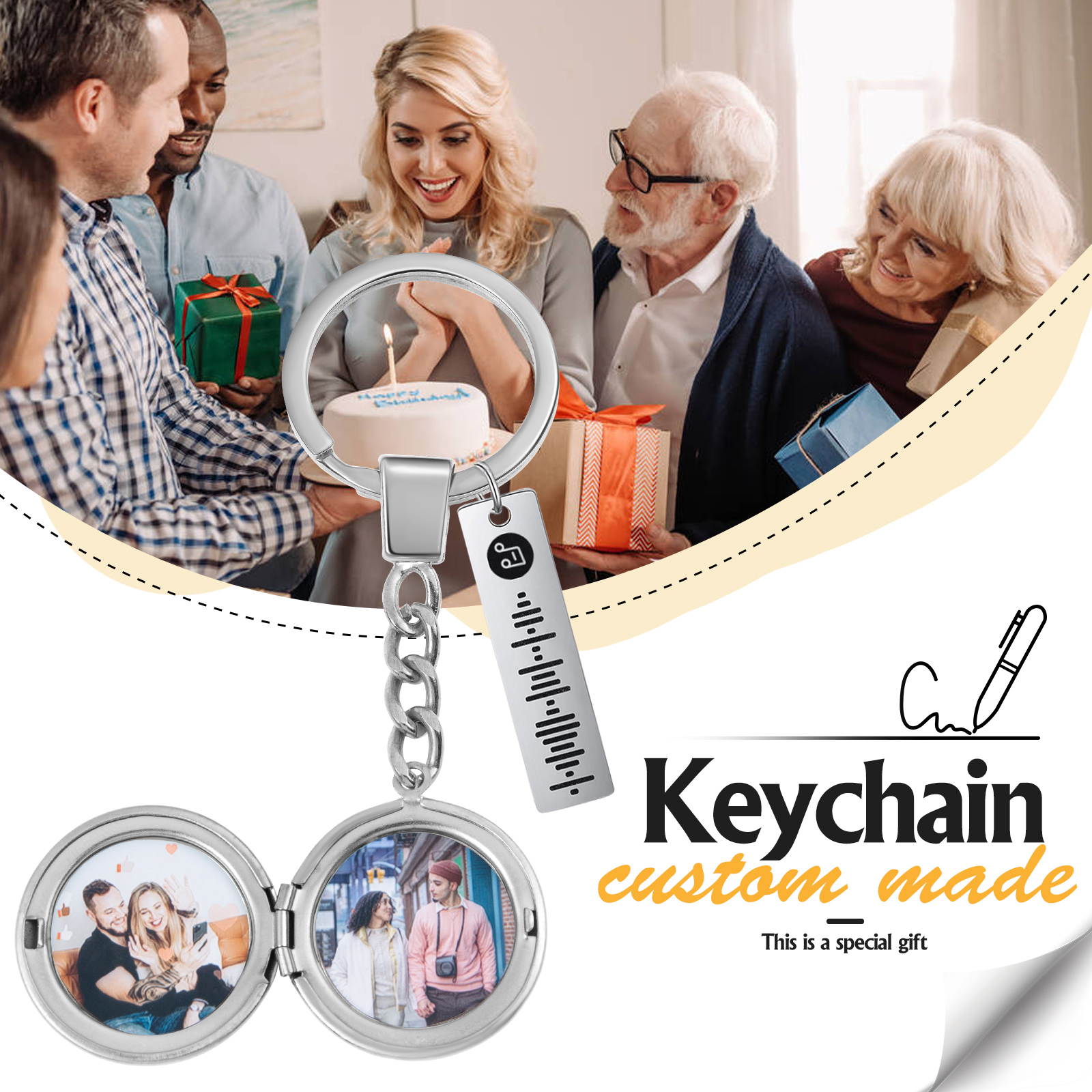 Personalized 2 Photos & Spotify Code Keychain Custom Music Keyring Silver Gifts for Him/Her