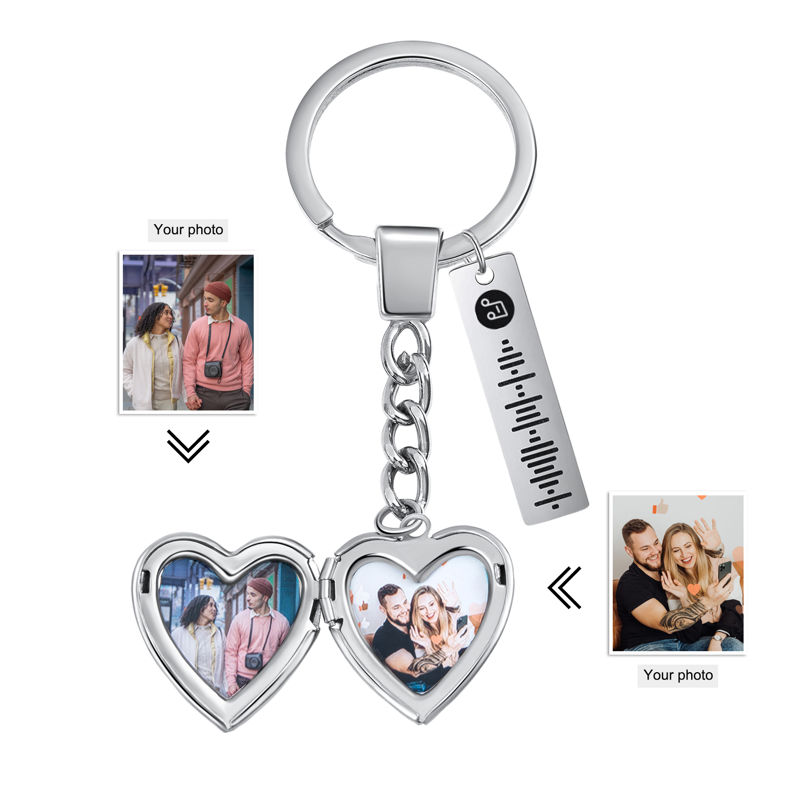 Personalized 2 Photos & Spotify Code Keychain Custom Music Keyring Silver Gifts for Him/Her