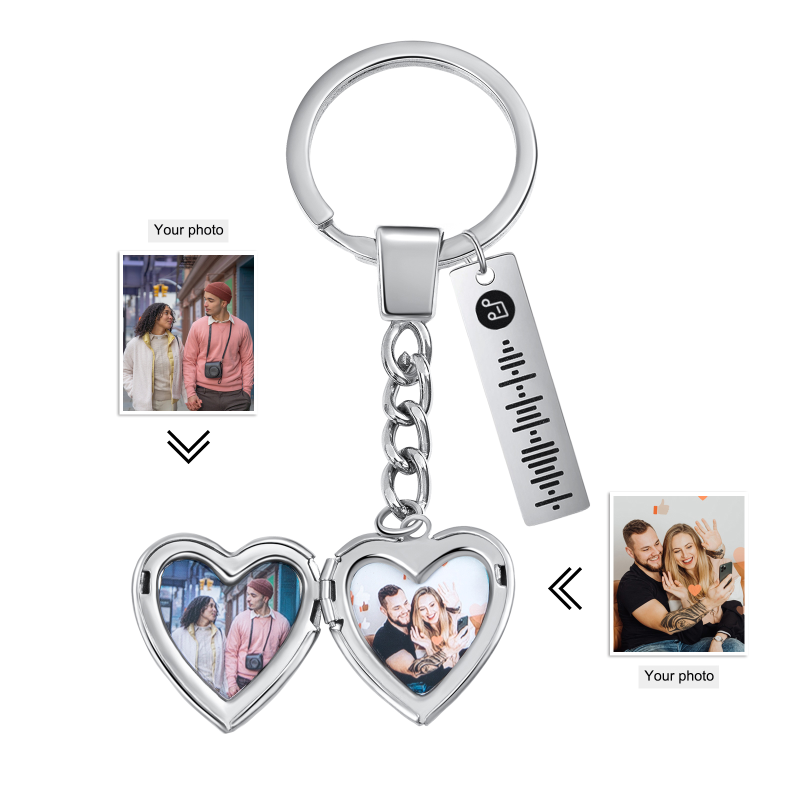 Personalized 2 Photos & Spotify Code Keychain Custom Music Keyring Sil