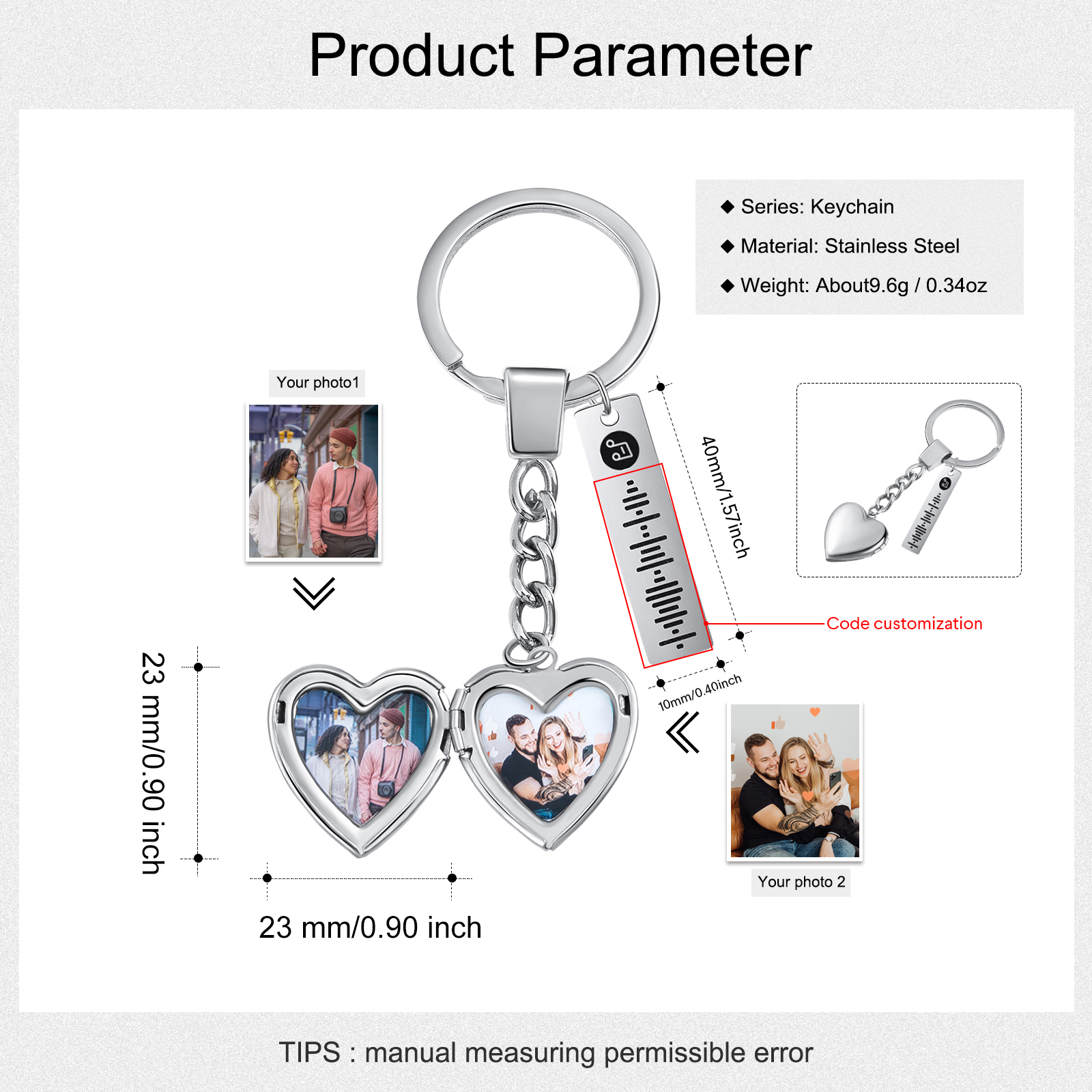 Personalized 2 Photos & Spotify Code Keychain Custom Music Keyring Silver Gifts for Him/Her