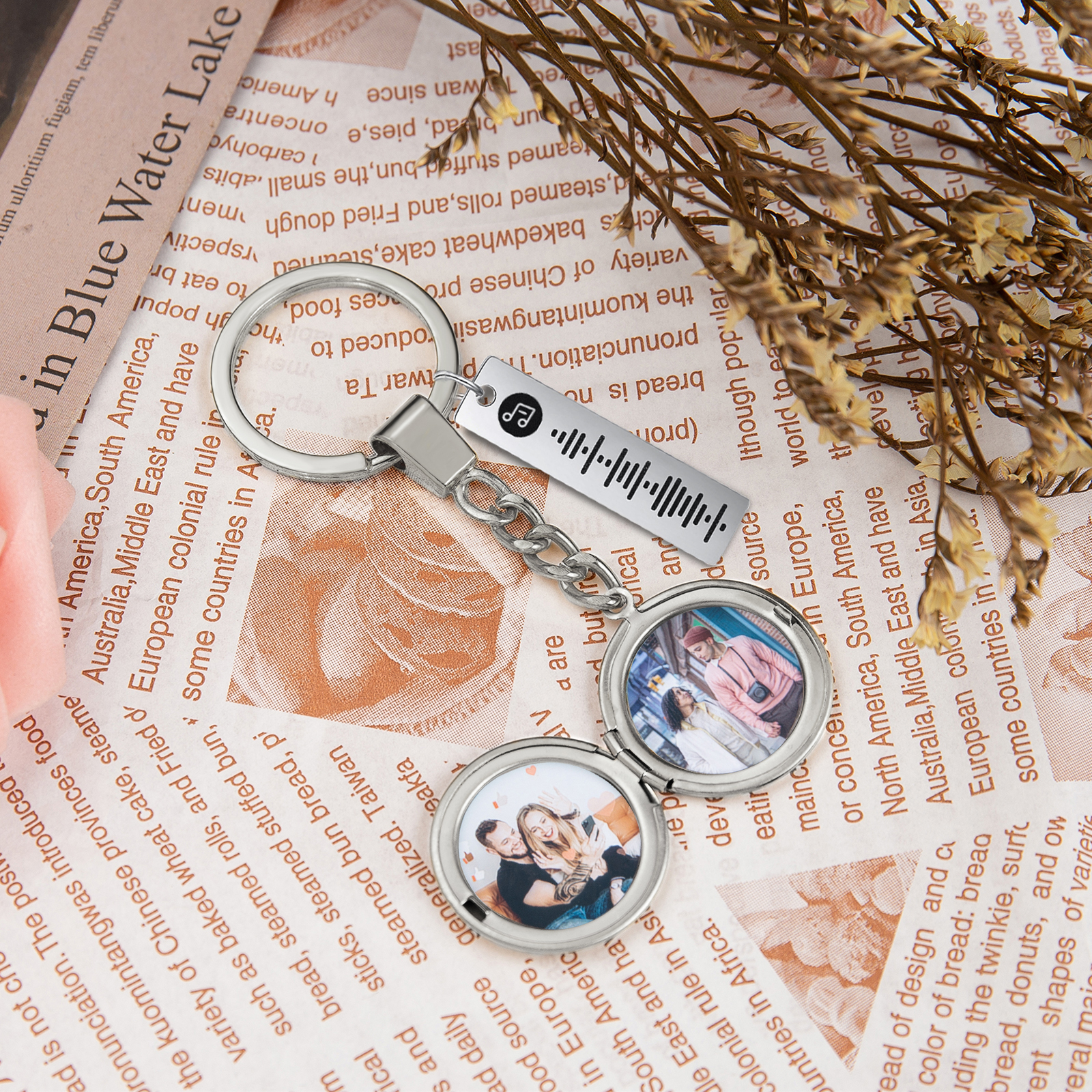 Personalized 2 Photos & Spotify Code Keychain Custom Music Keyring Silver Gifts for Him/Her