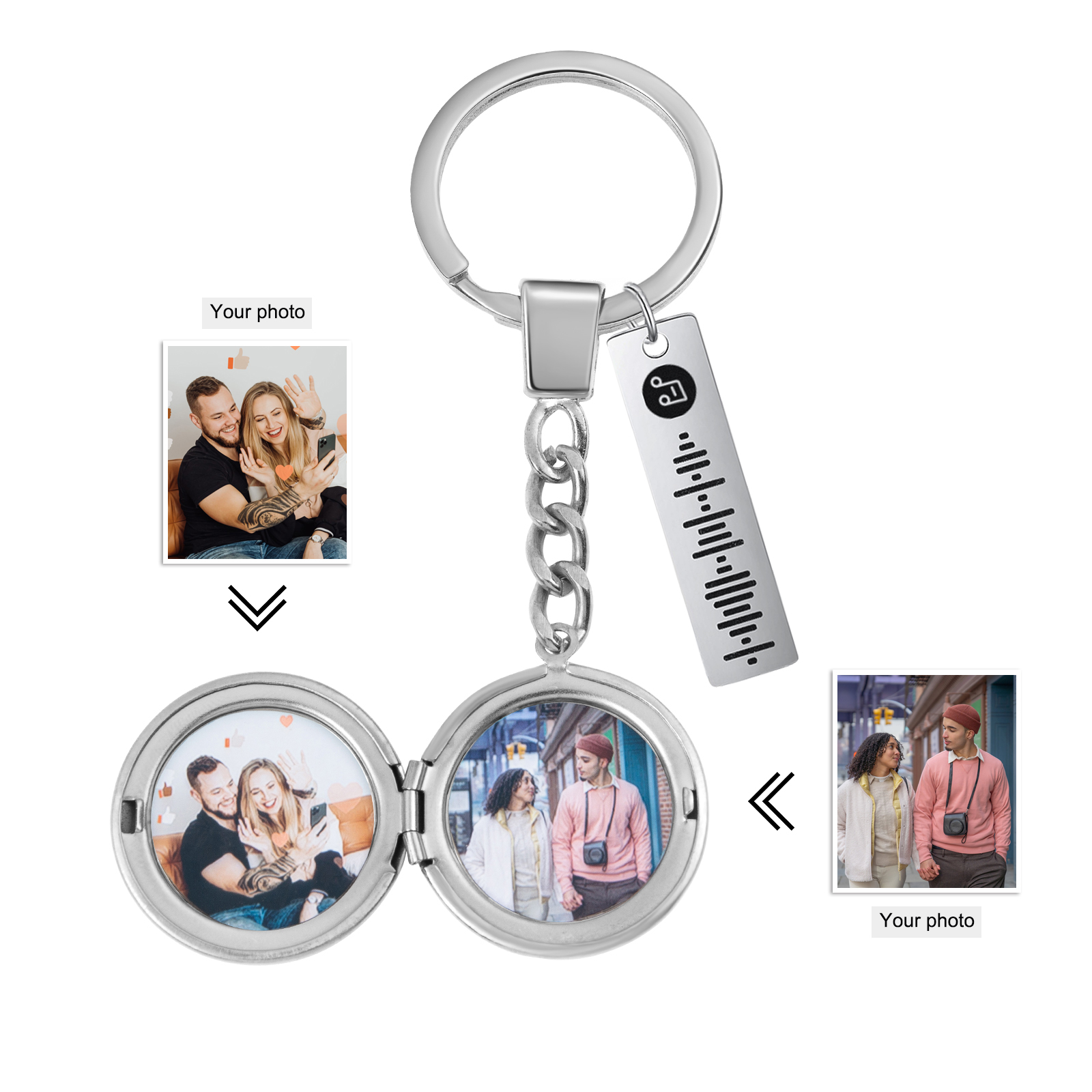 Personalized 2 Photos & Spotify Code Keychain Custom Music Keyring Silver Gifts for Him/Her