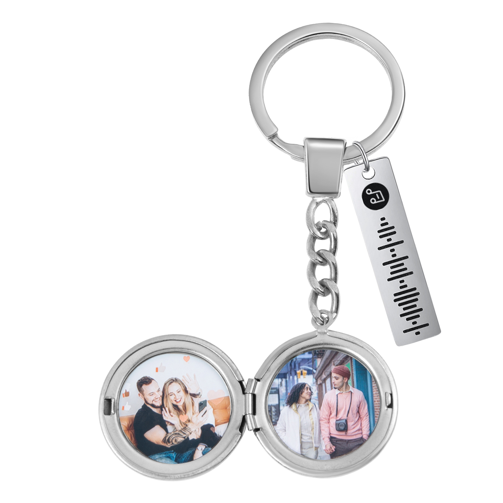 Personalized 2 Photos & Spotify Code Keychain Custom Music Keyring Silver Gifts for Him/Her