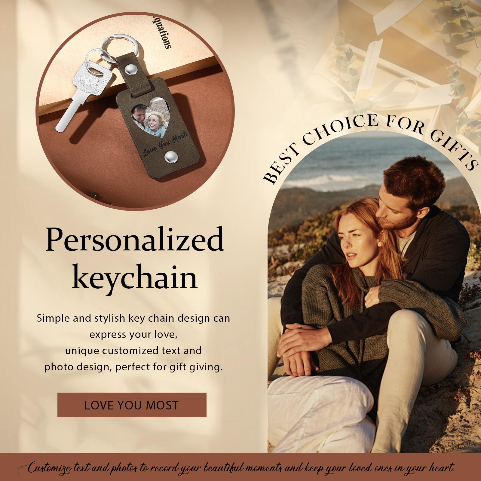 Personalized Leather Keychain Custom 2 Photos & 2 Texts Keyring Brown Gifts for Couple